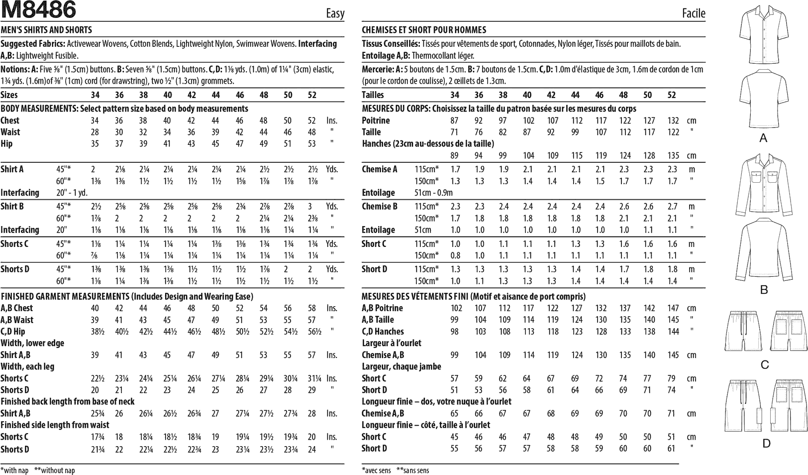 McCall's Pattern M8486 Mens Shirts and Shorts 8486 Fabric Quantity Requirements From Patternsandplains.com