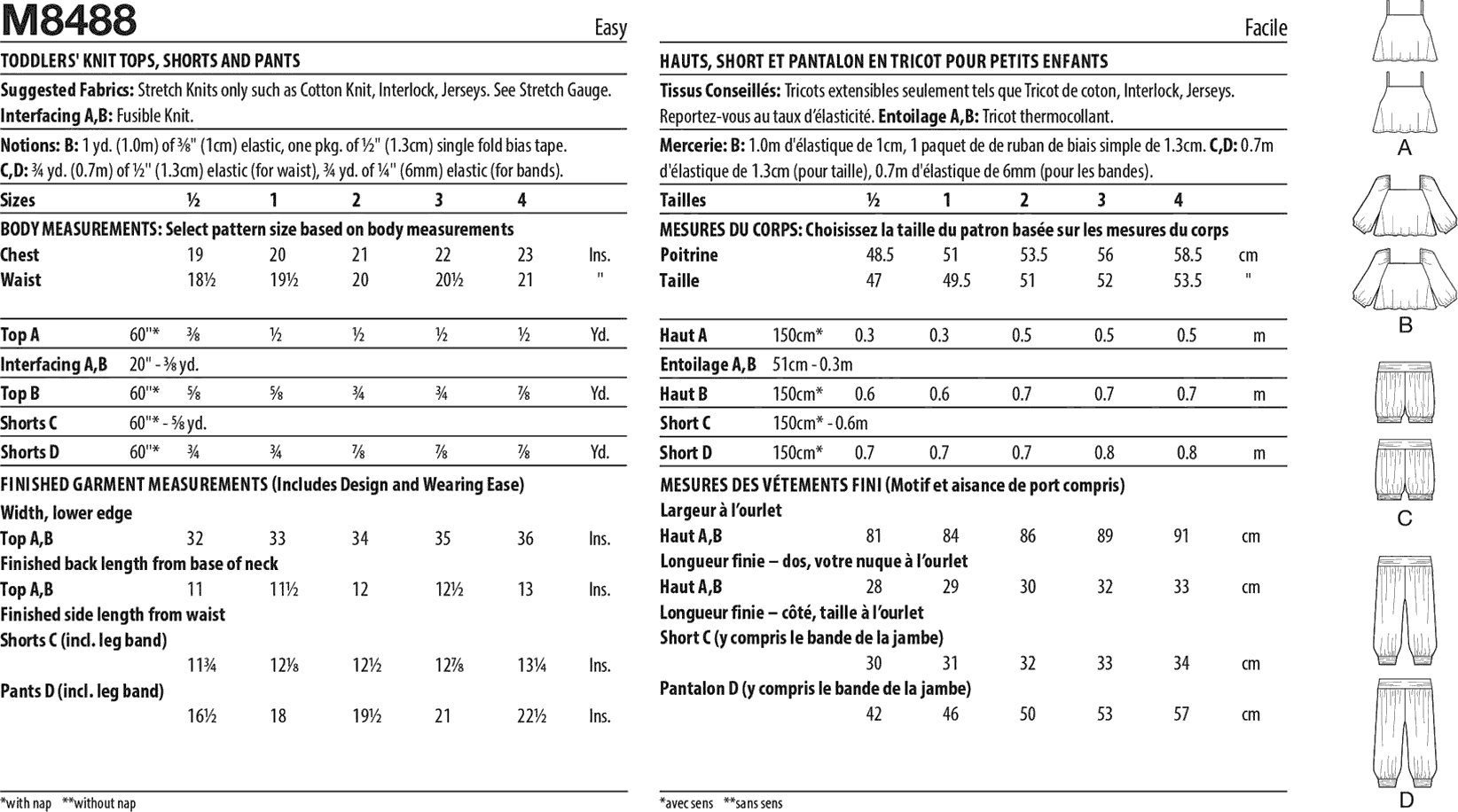 McCall's Pattern M8488 Toddlers Knit Tops Shorts and Pants 8488 Fabric Quantity Requirements From Patternsandplains.com