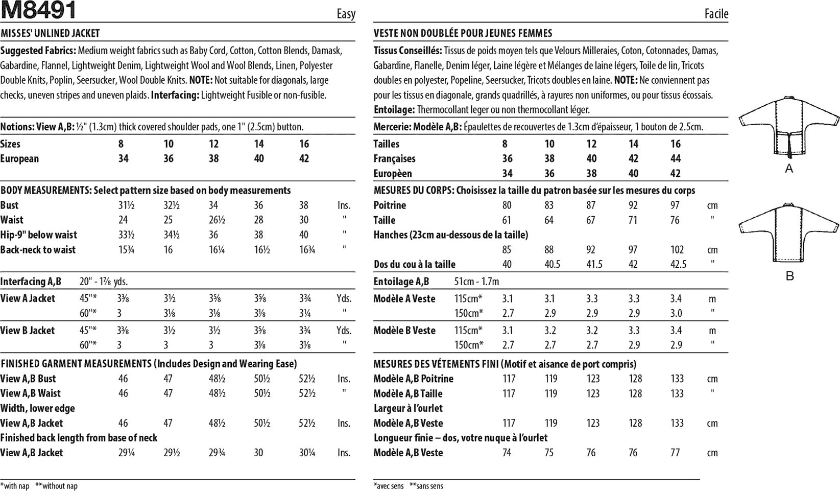 McCall's Pattern M8491 Misses Unlined Jacket 8491 Fabric Quantity Requirements From Patternsandplains.com