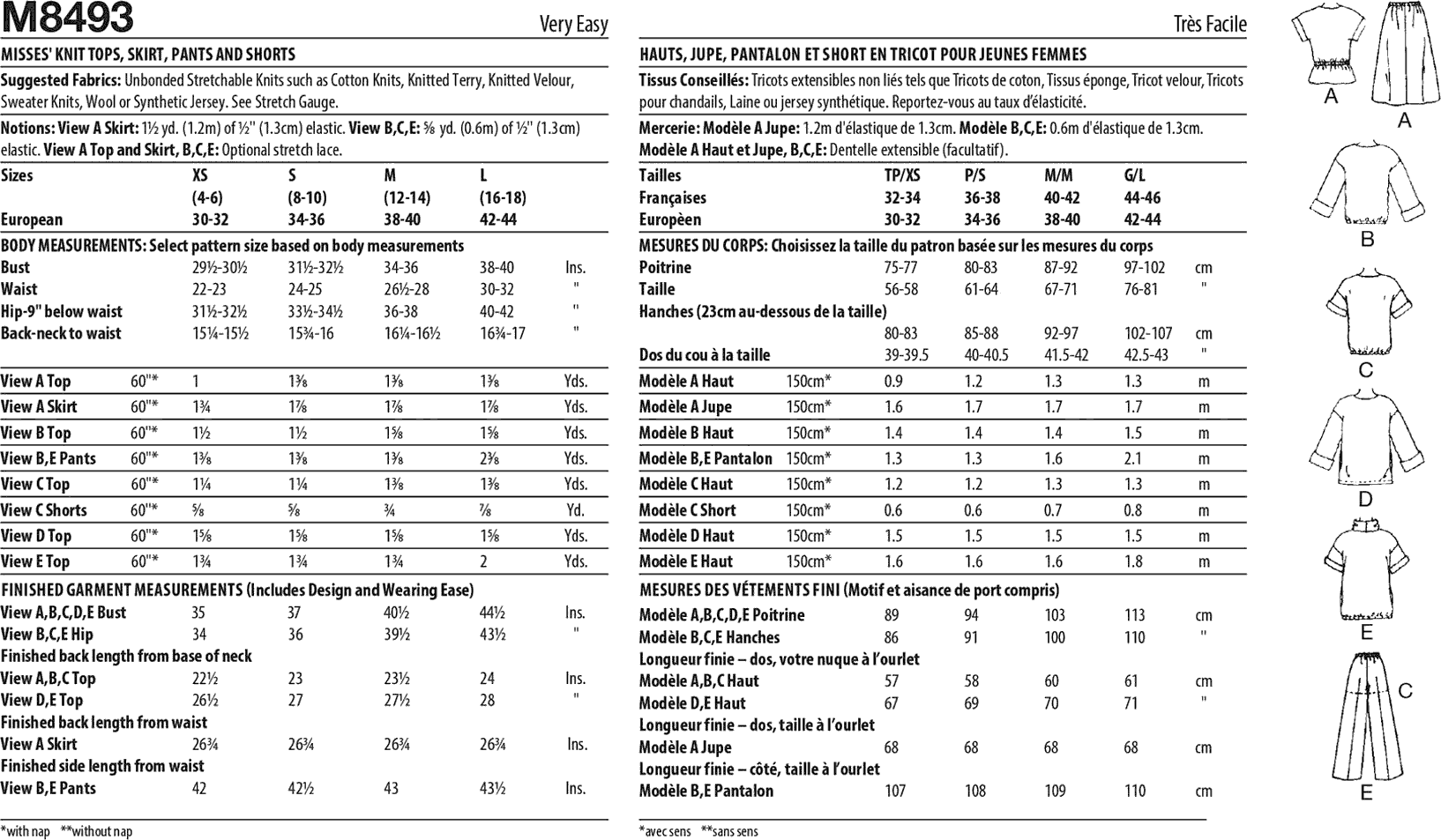 McCall's Pattern M8493 Misses Knit Tops Skirt Pants and Shorts 8493 Fabric Quantity Requirements From Patternsandplains.com