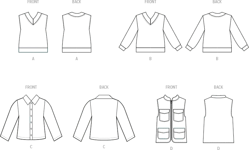 McCall's Pattern M8537 Childrens and Boys Vests Top and Shirt 8537 Line Art From Patternsandplains.com