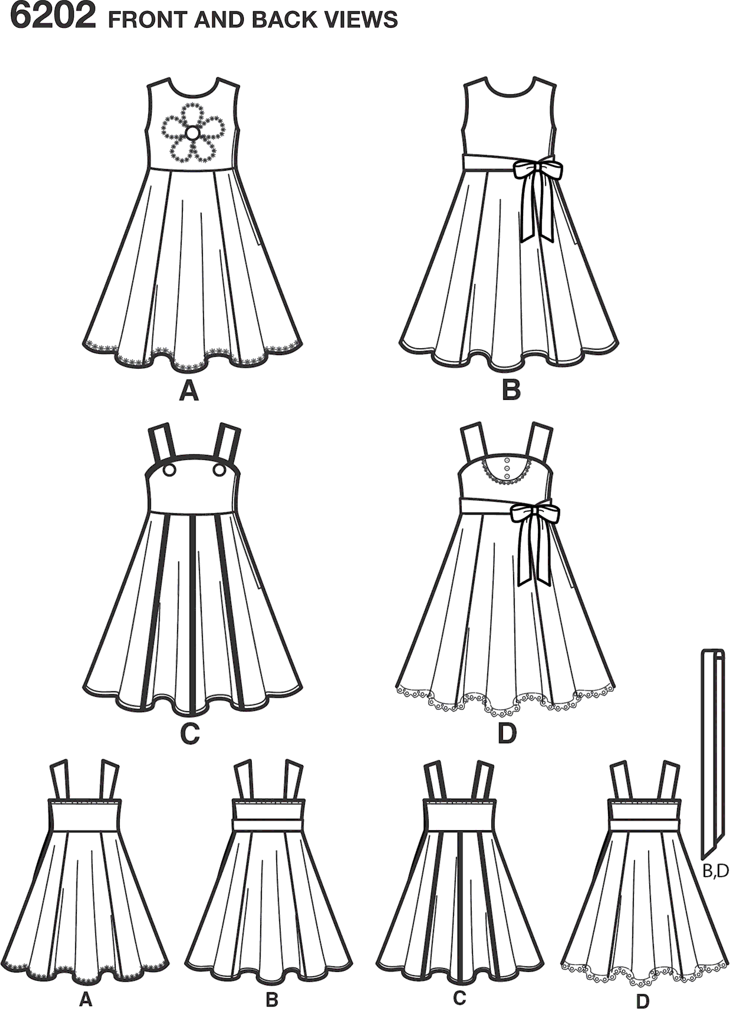 New Look Pattern 6202 Childs Dress and Sash Line Art From Patternsandplains.com