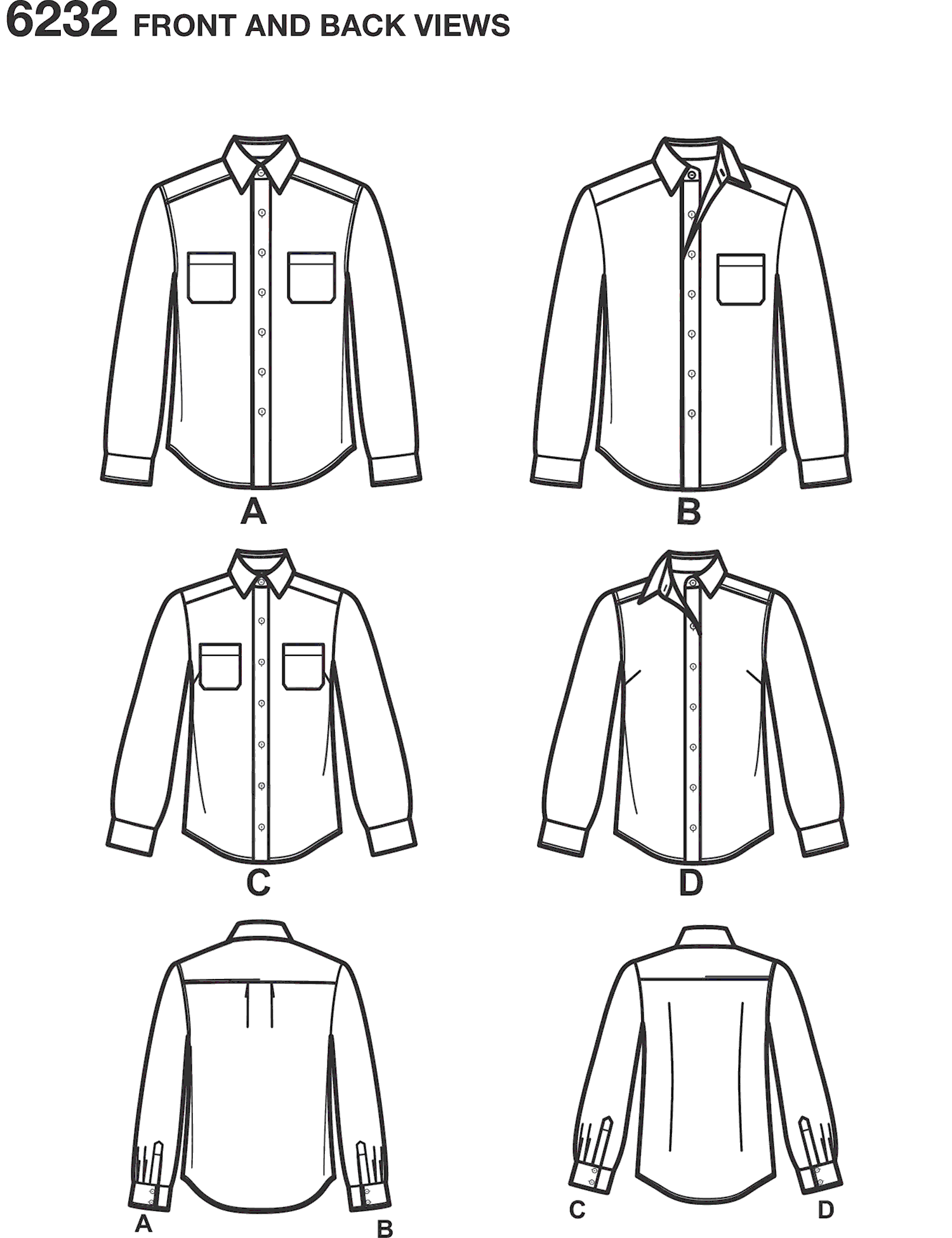 New Look Pattern 6232 Misses and Mens Button Down Shirt Line Art From Patternsandplains.com