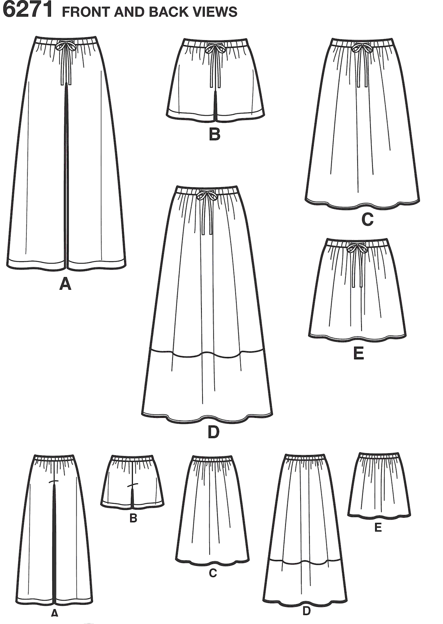 New Look Pattern 6271 Misses Skirt in Three Lengths and Pants or Shorts Line Art From Patternsandplains.com