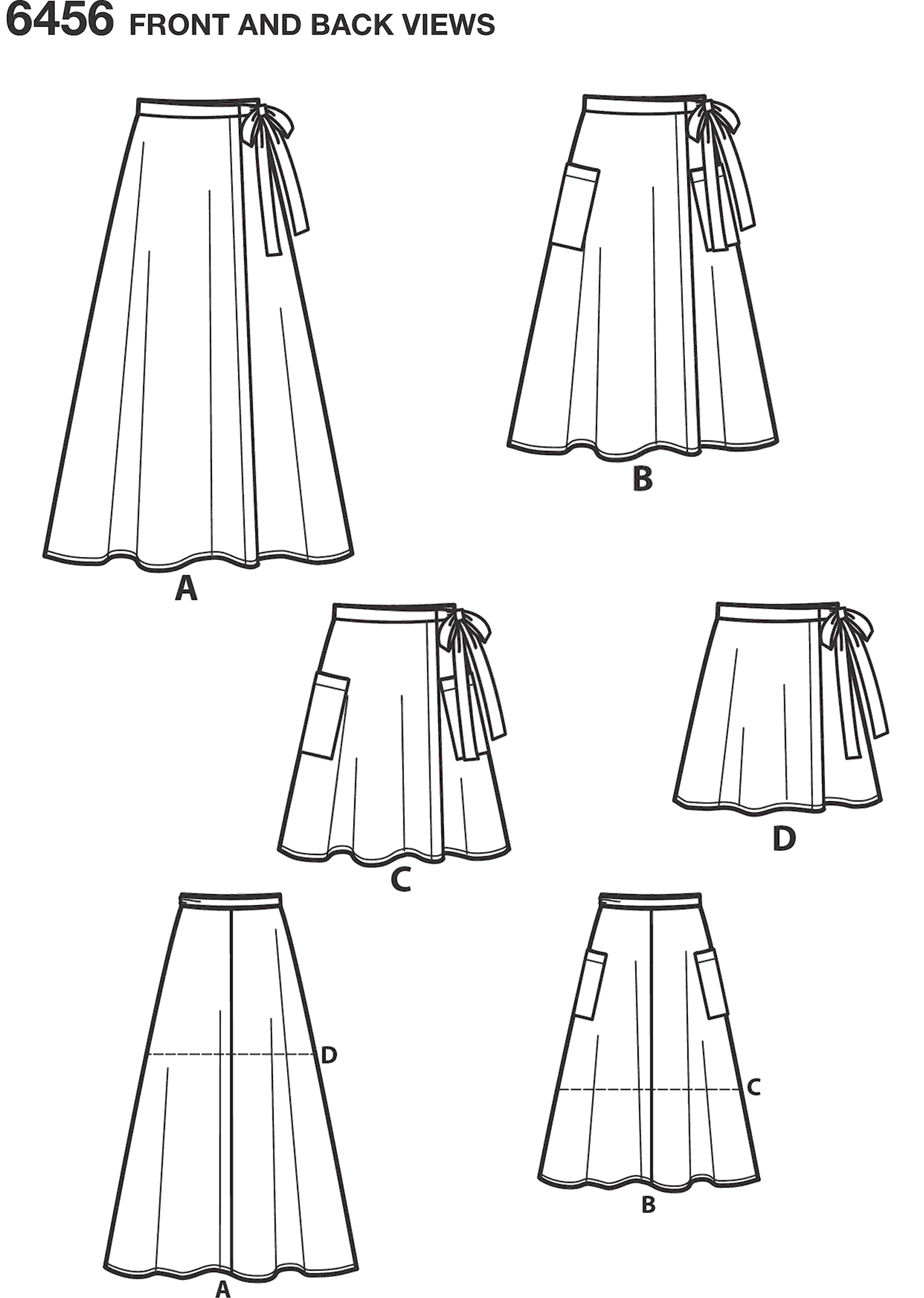 New Look Pattern 6456 Misses Easy Wrap Skirts in Four Lengths Line Art From Patternsandplains.com