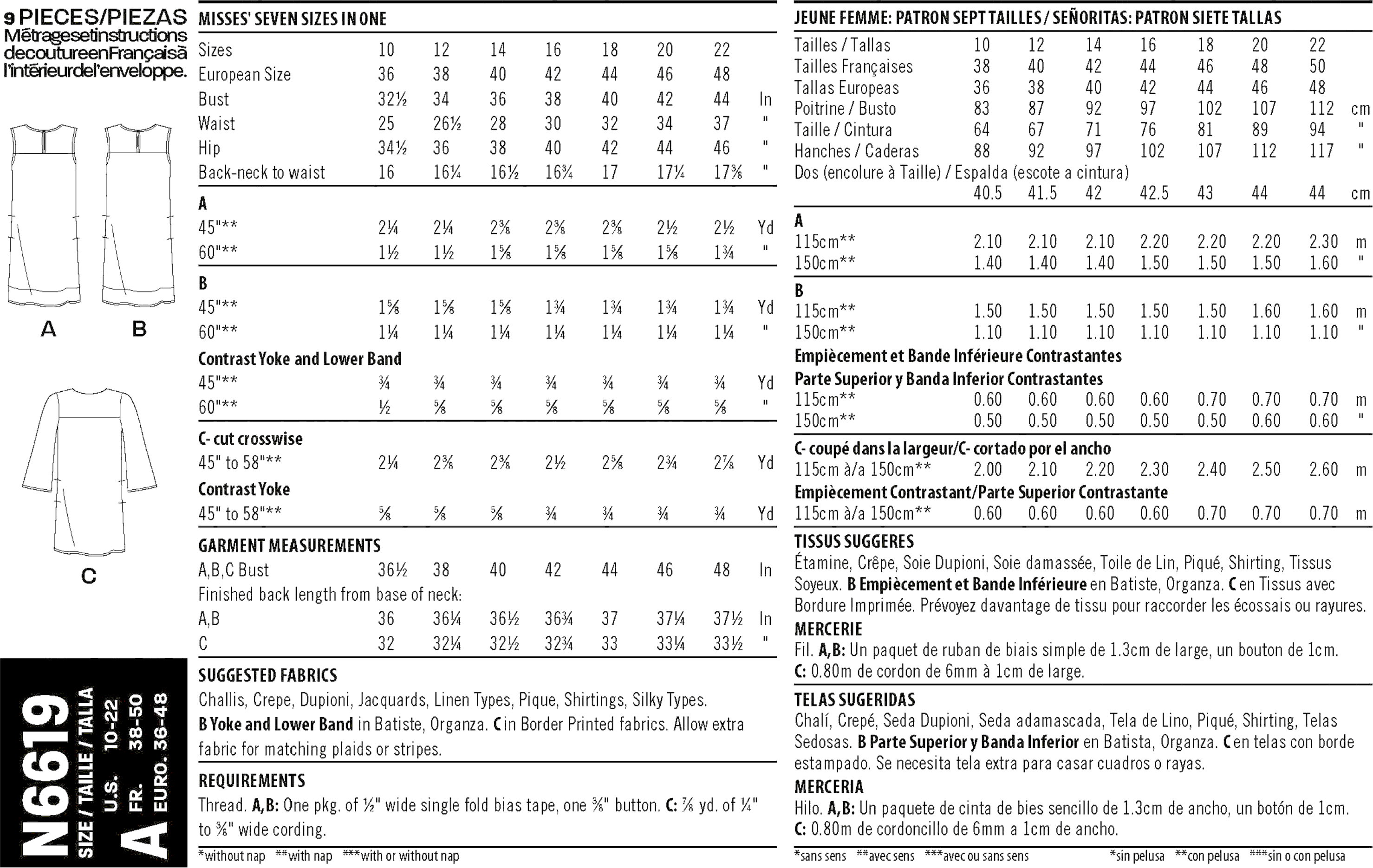 New Look Sewing Pattern N6619 Misses Dresses 6619 Fabric Quantity Requirements From Patternsandplains.com