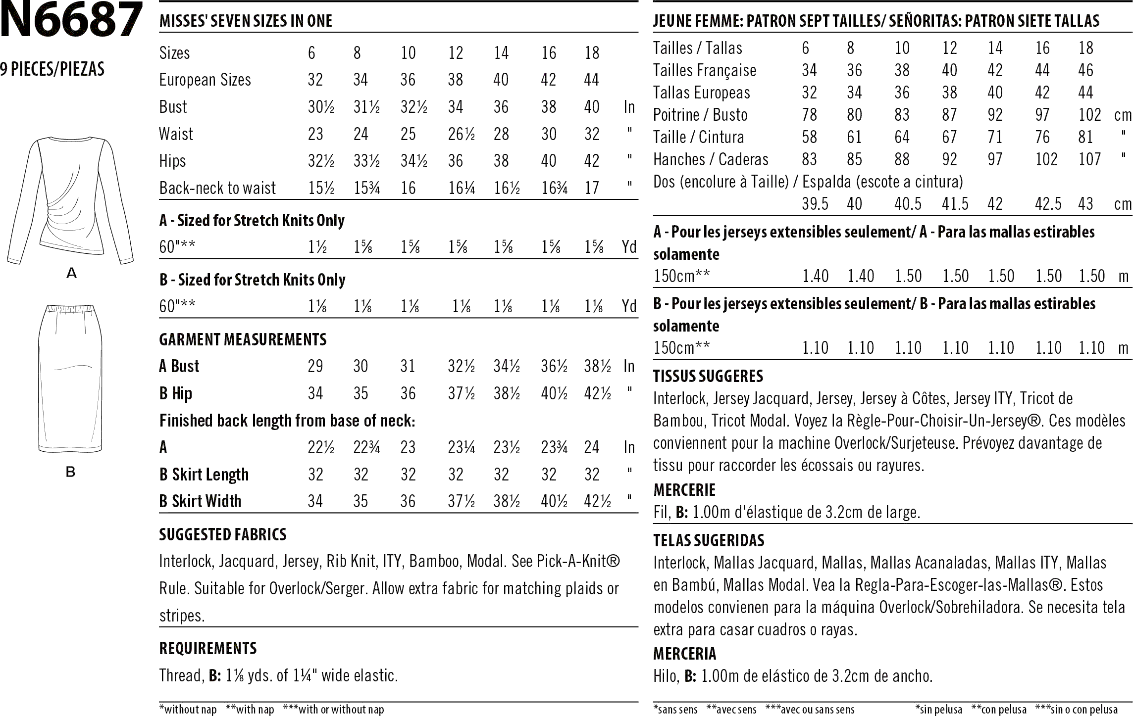 New Look Sewing Pattern N6687 Misses Knit Skirt and Top 6687 Fabric Quantity Requirements From Patternsandplains.com