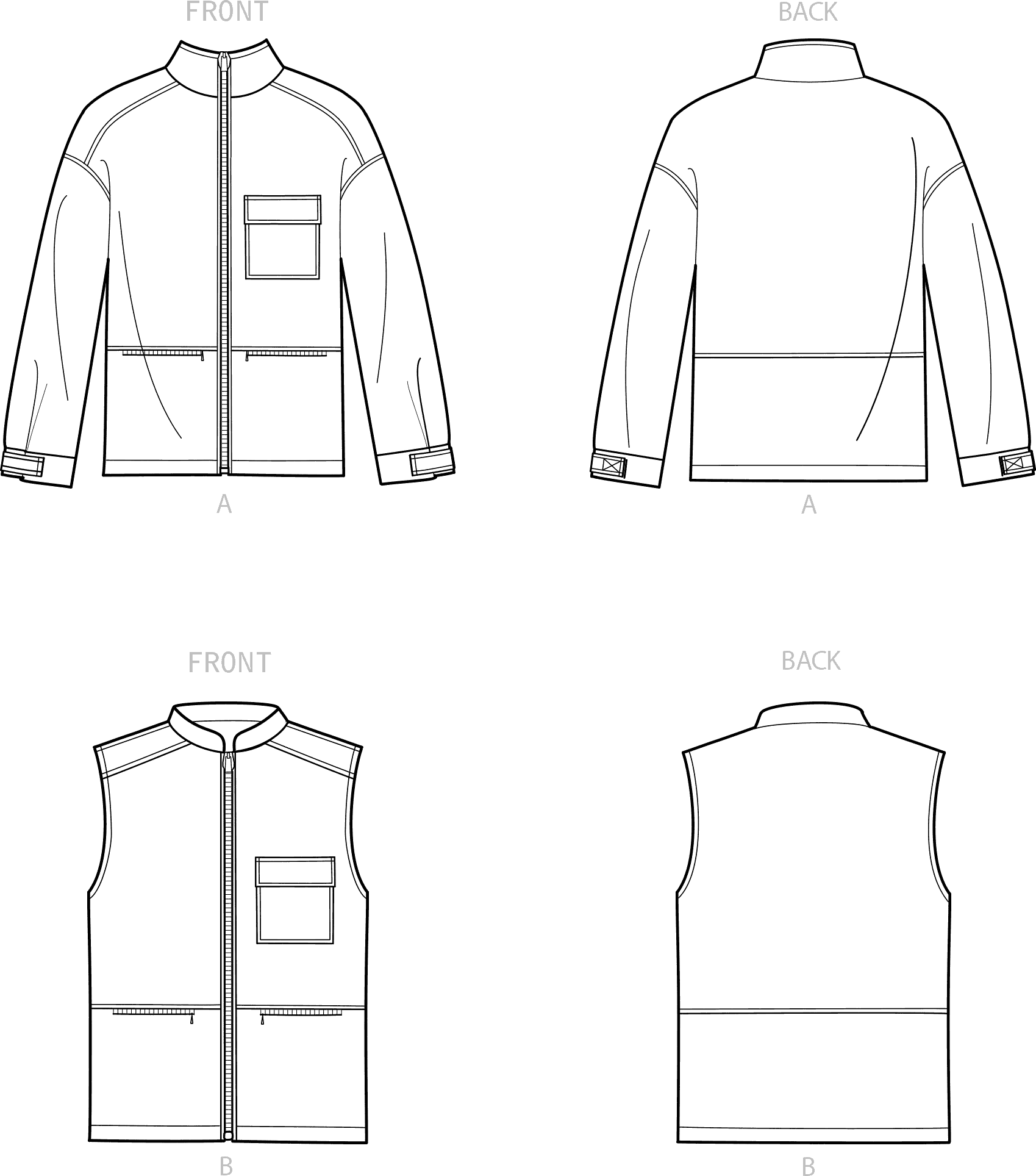 New Look Sewing Pattern N6713 Unisex Zippered Jacket and Vest 6713 Line Art From Patternsandplains.com