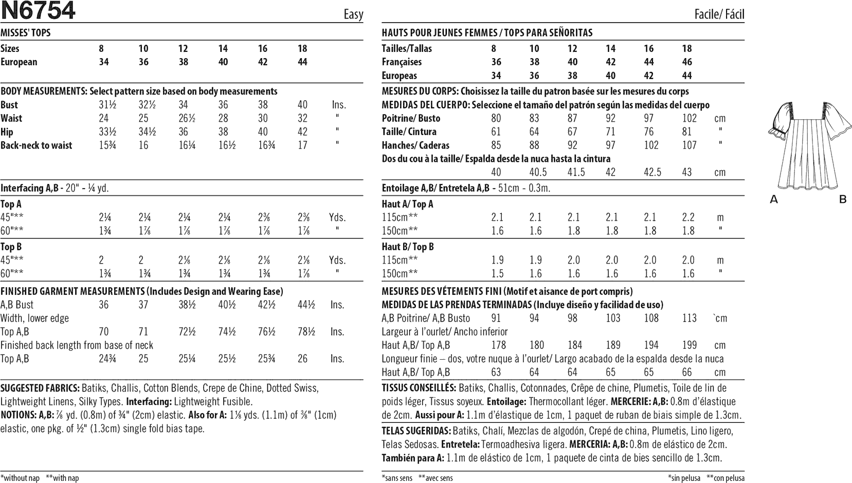 New Look Sewing Pattern N6754 Misses Top With Sleeve Variations 6754 Fabric Quantity Requirements From Patternsandplains.com