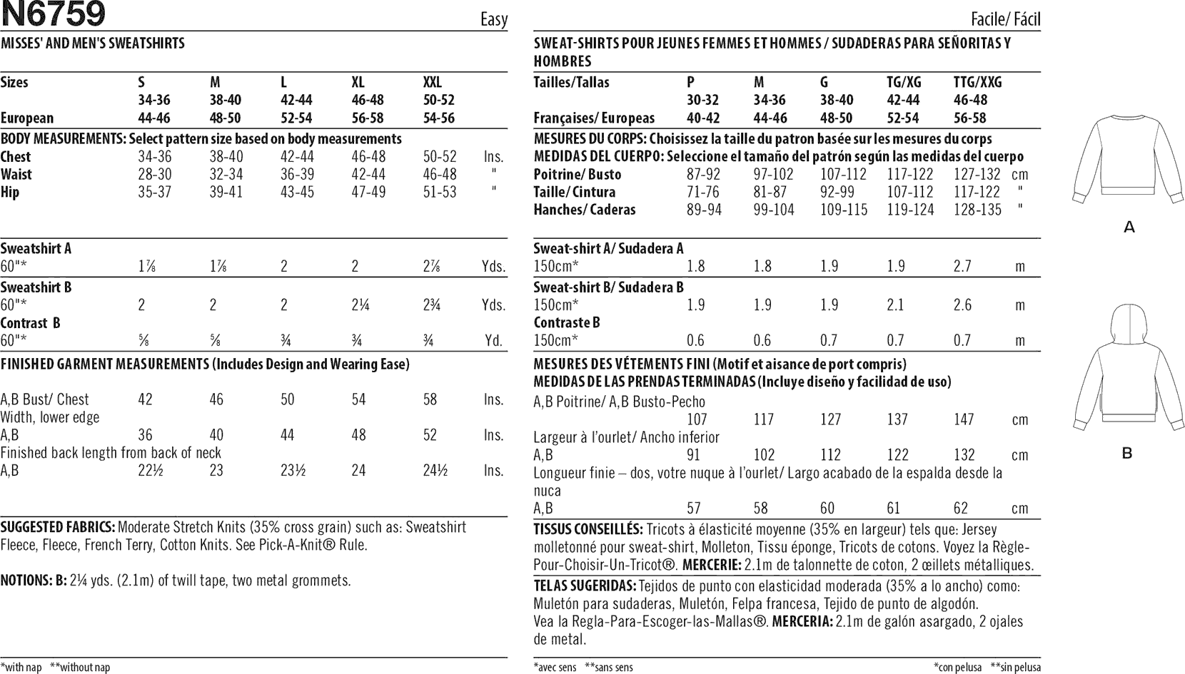 New Look Sewing Pattern N6759 Misses and Mens Sweatshirts 6759 Fabric Quantity Requirements From Patternsandplains.com