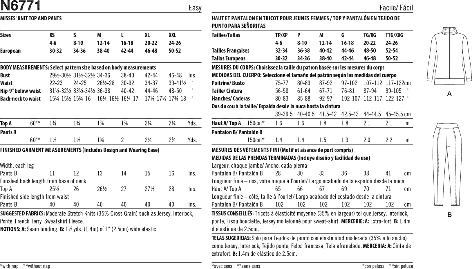 New Look Sewing Pattern N6771 Misses Knit Top and Pants 6771 Fabric Quantity Requirements From Patternsandplains.com