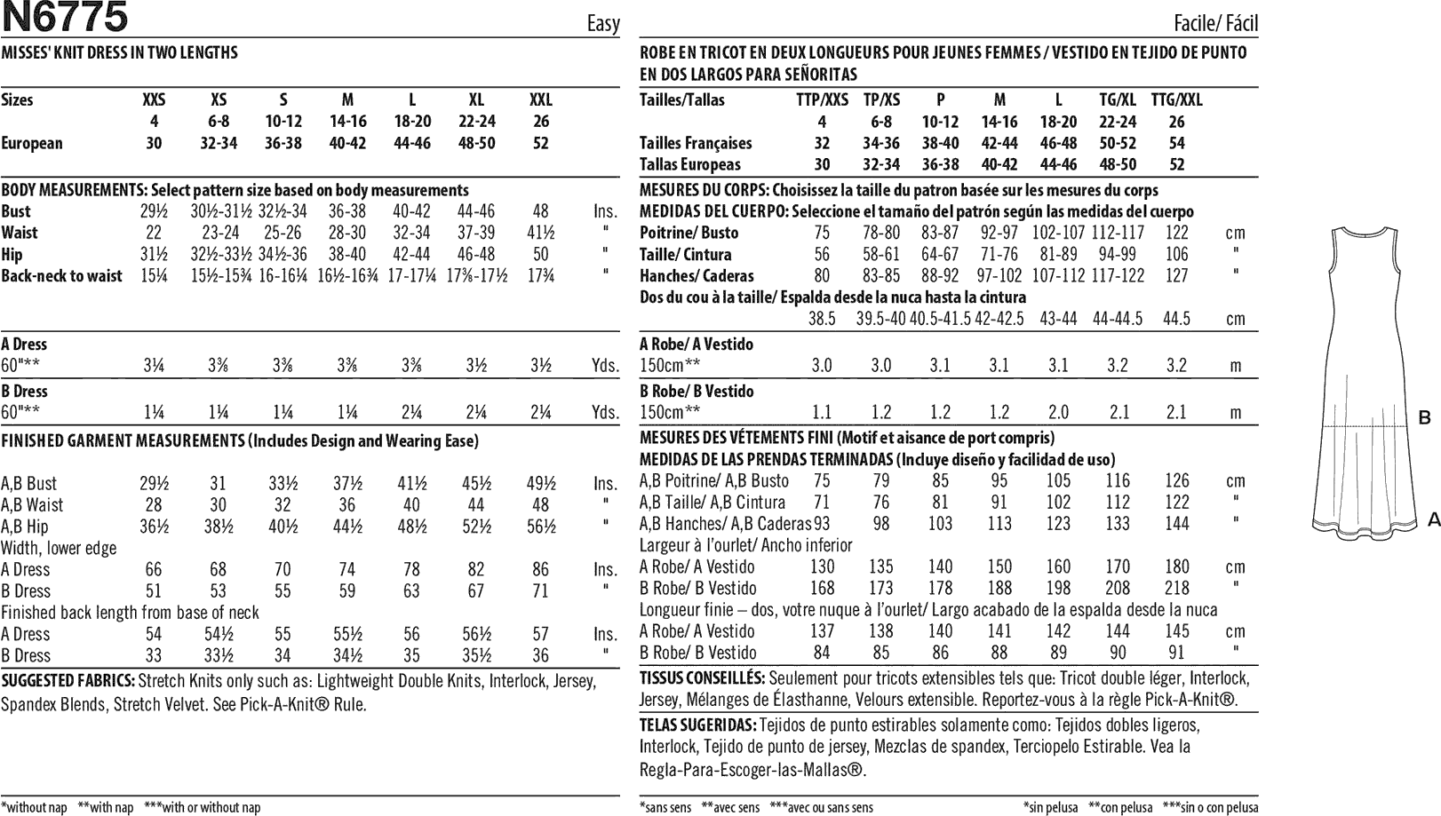 New Look Sewing Pattern N6775 Misses Knit Dress in Two Lengths 6775 Fabric Quantity Requirements From Patternsandplains.com