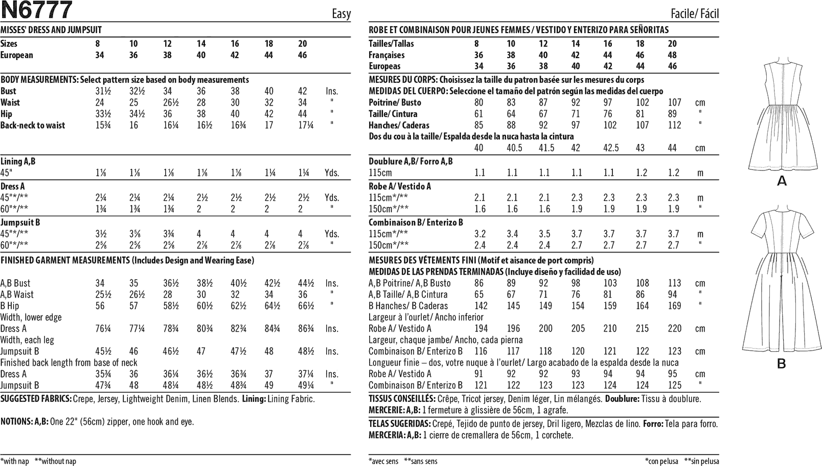 New Look Sewing Pattern N6777 Misses Dress and Jumpsuit 6777 Fabric Quantity Requirements From Patternsandplains.com