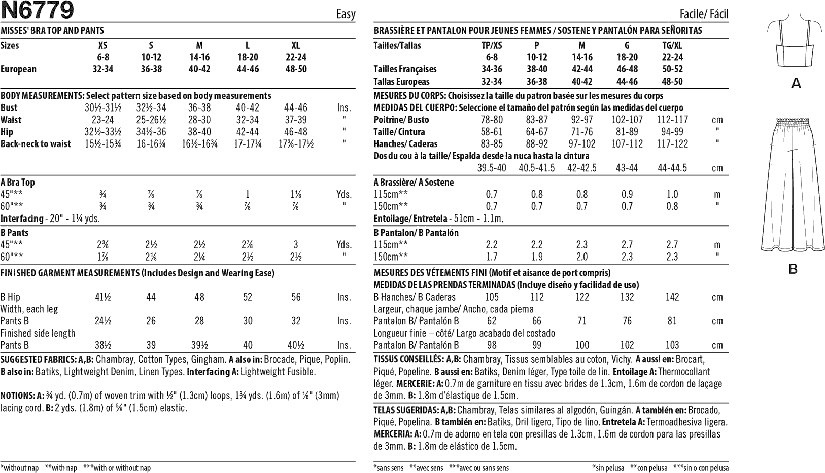 New Look Sewing Pattern N6779 Misses Bra Top and Pants 6779 Fabric Quantity Requirements From Patternsandplains.com