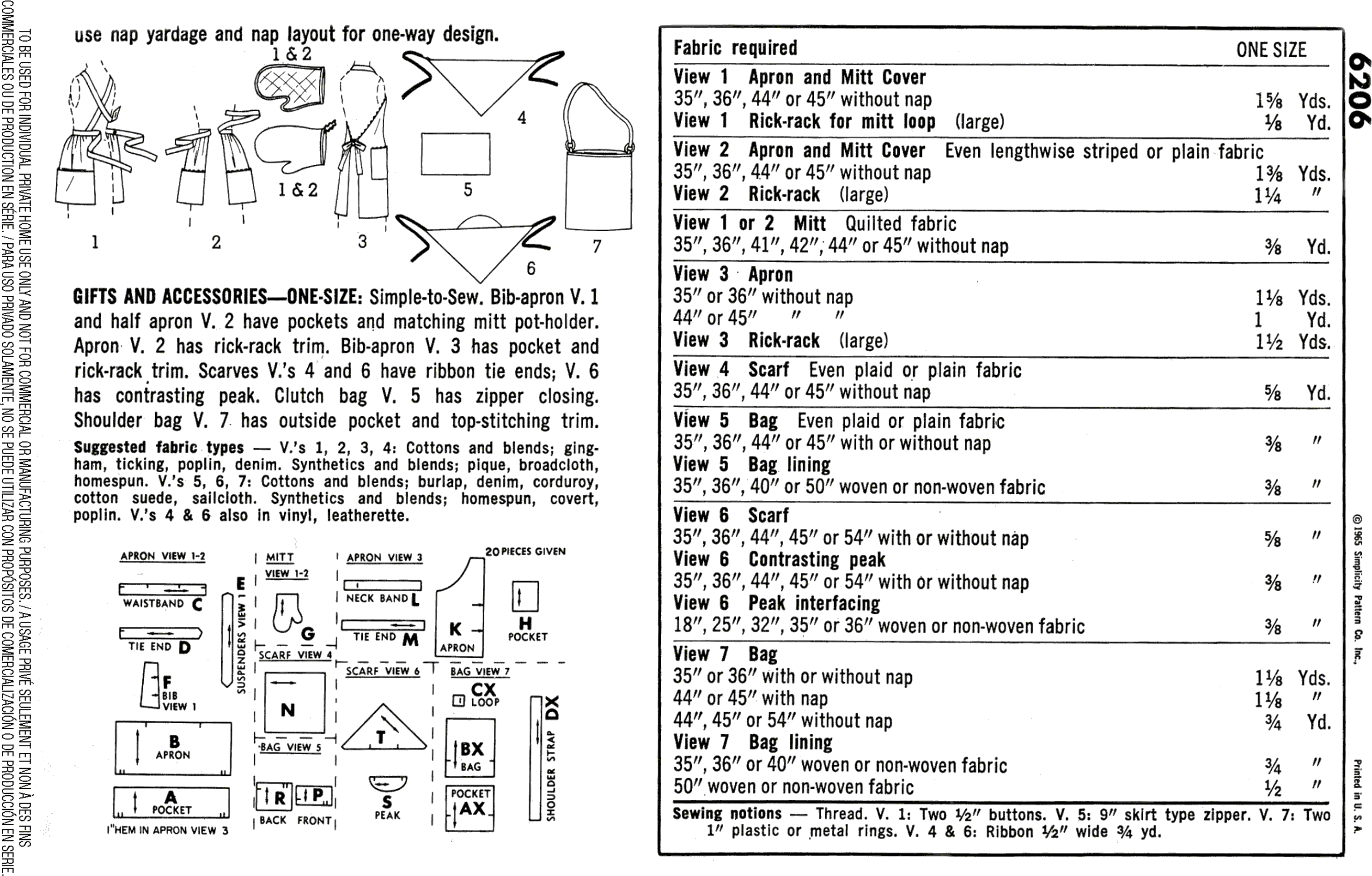 Pattern S6206 Vintage Gift and Accessories 6206 Fabric Quantity Requirements From Patternsandplains.com