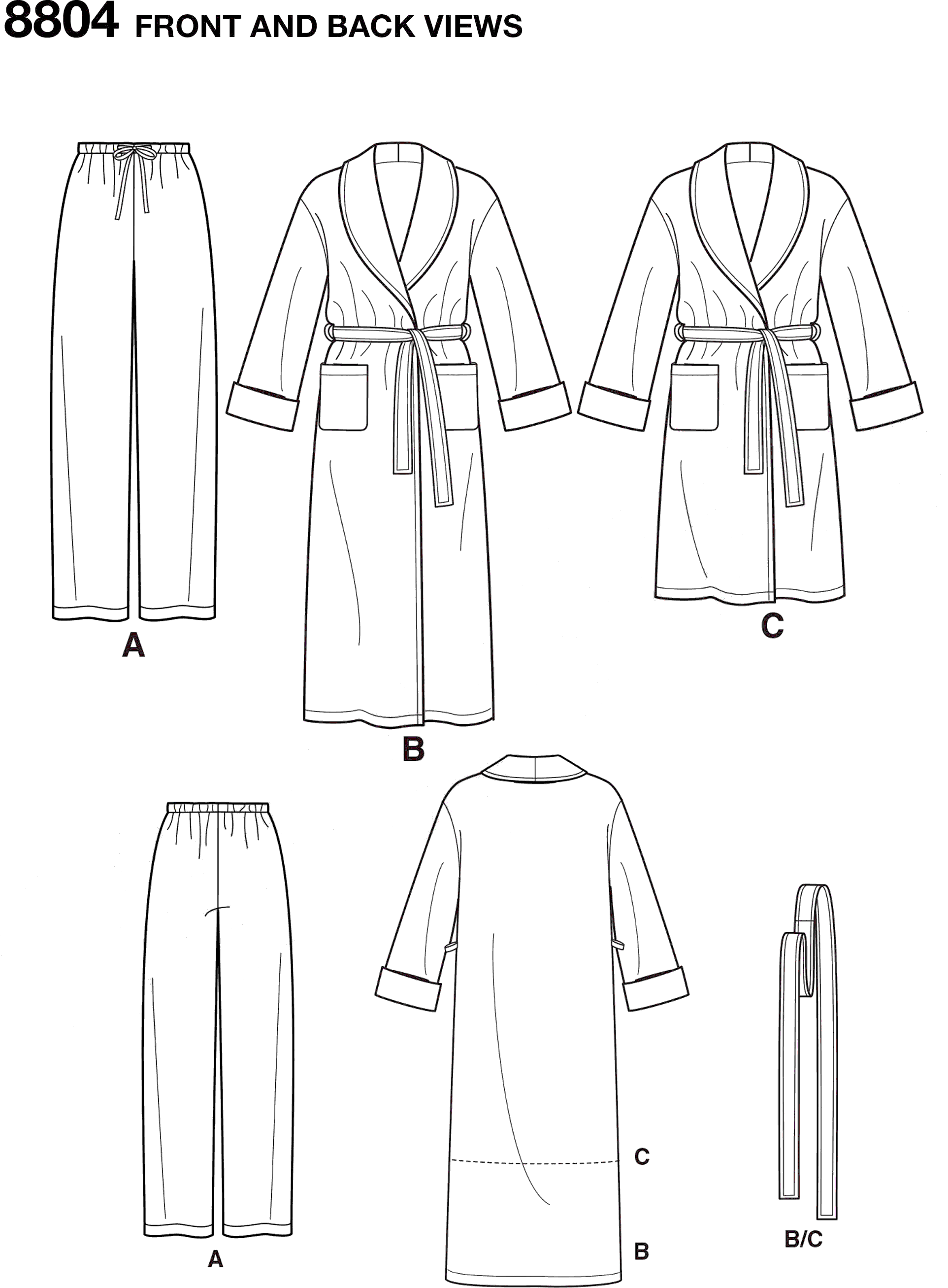 Pattern S8804 Womens and Mens Robe and Pants 8804 Line Art From Patternsandplains.com