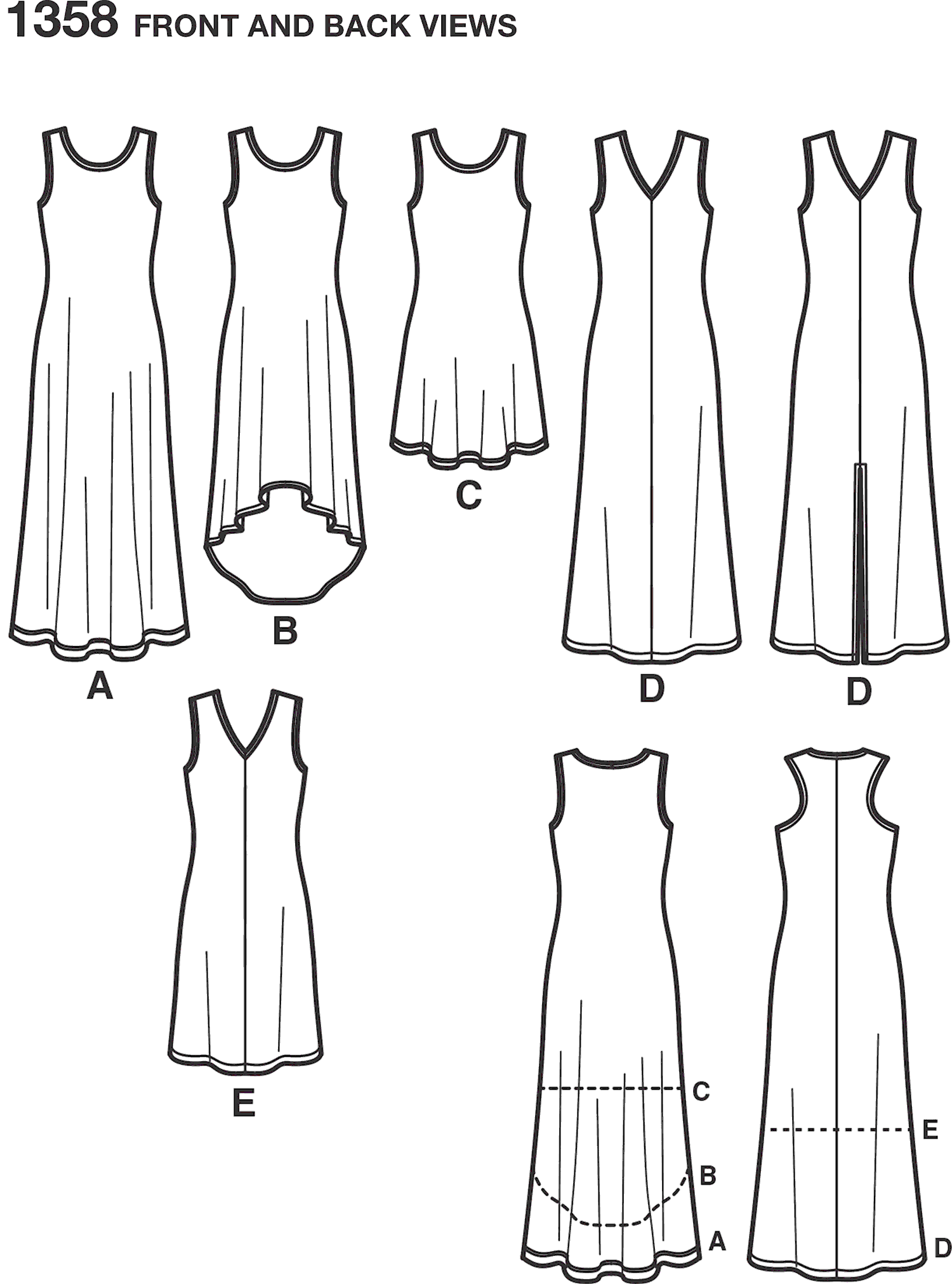 Simplicity Pattern 1358 Womens Knit Dresses with Length and Neckline Variations Line Art From Patternsandplains.com