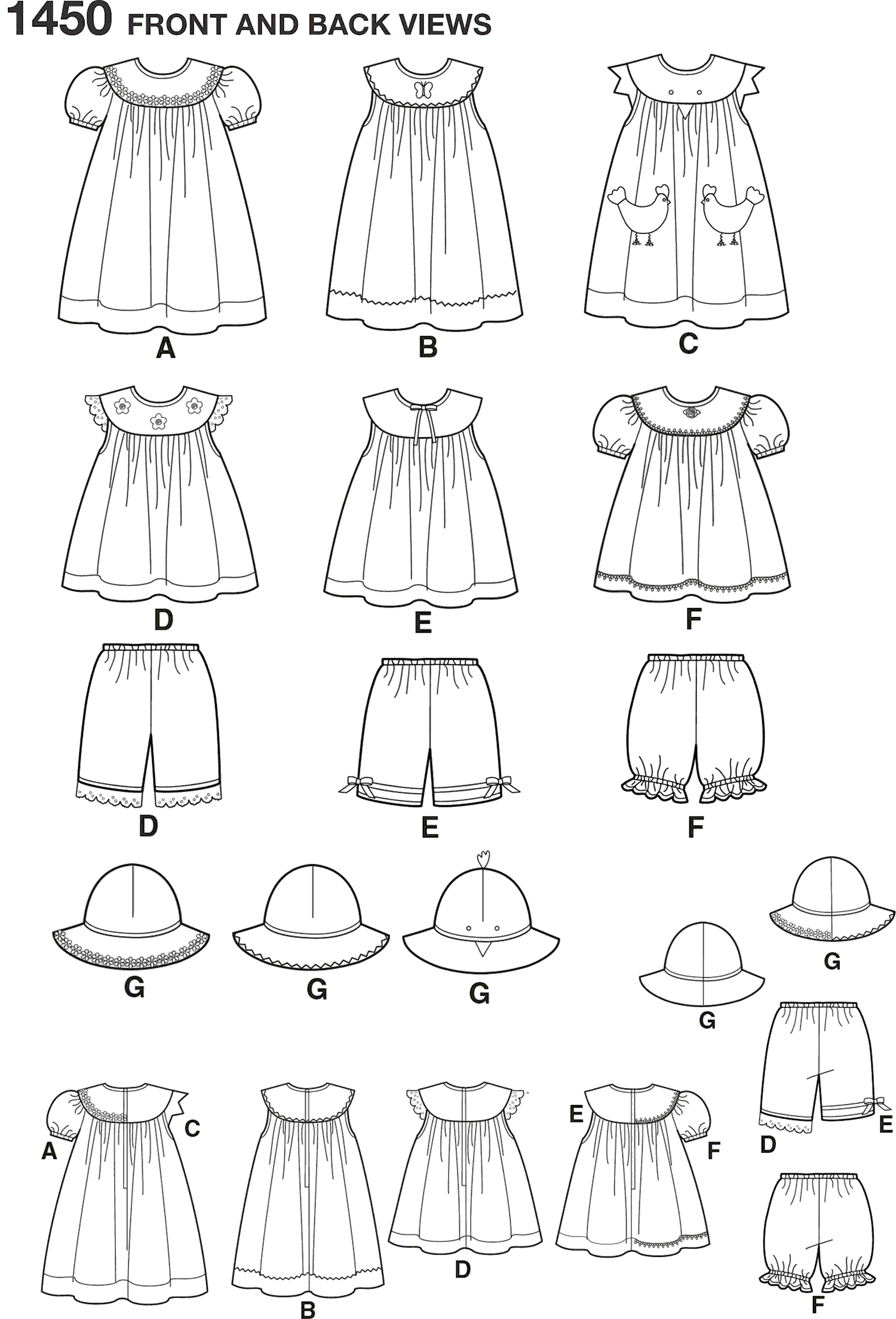 Simplicity Pattern 1450 Toddlers Dress Top Panties and Hat Line Art From Patternsandplains.com