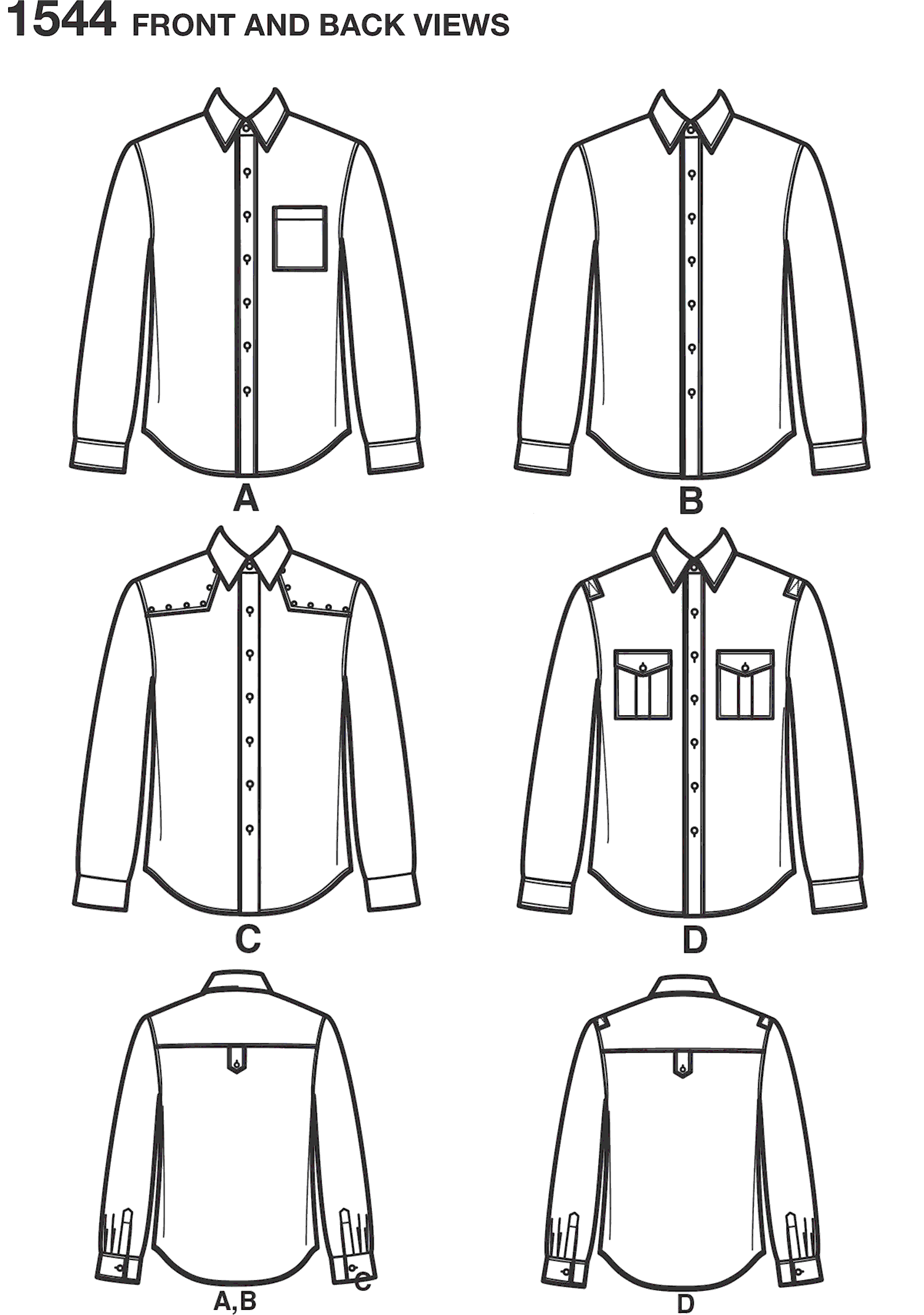 Simplicity Pattern 1544 Mens Shirt with Fabric Variations Line Art From Patternsandplains.com