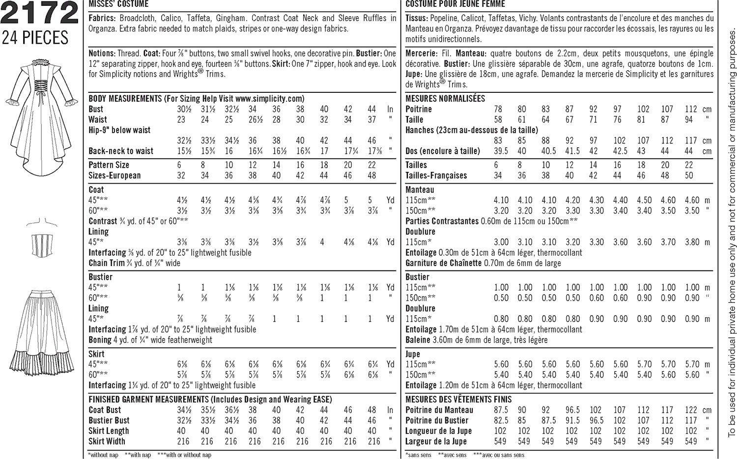 Simplicity Pattern 2172 Womens Costume Fabric Quantity Requirements From Patternsandplains.com