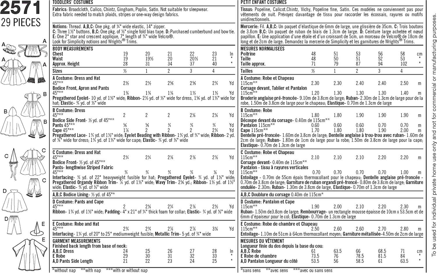 Simplicity Pattern 2571 Toddler Costumes Fabric Quantity Requirements From Patternsandplains.com