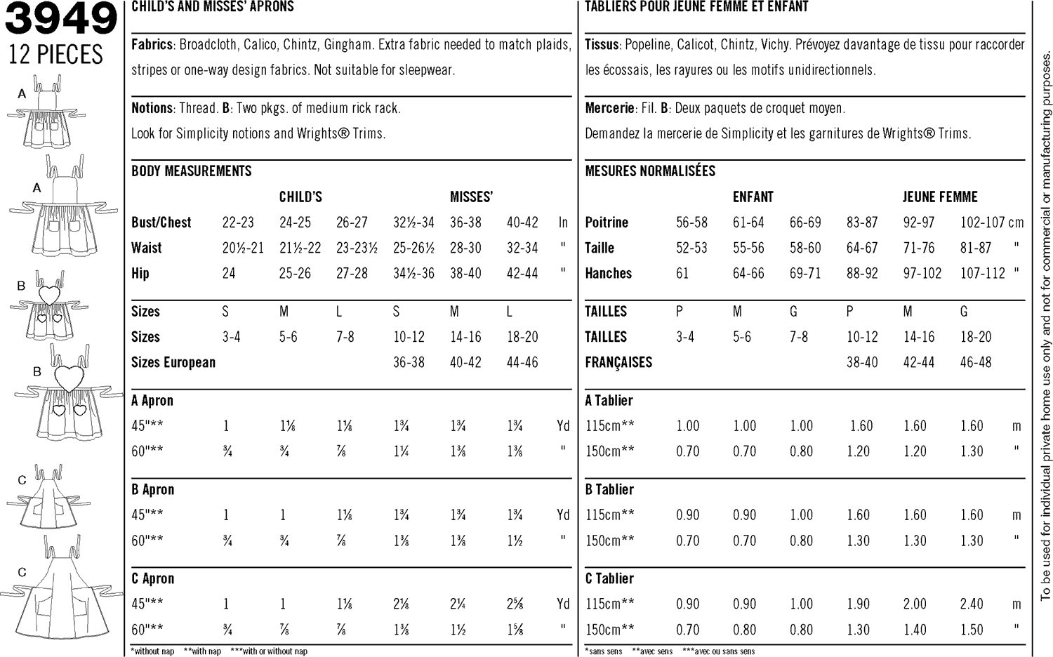 Simplicity Pattern 3949 Aprons Fabric Quantity Requirements From Patternsandplains.com