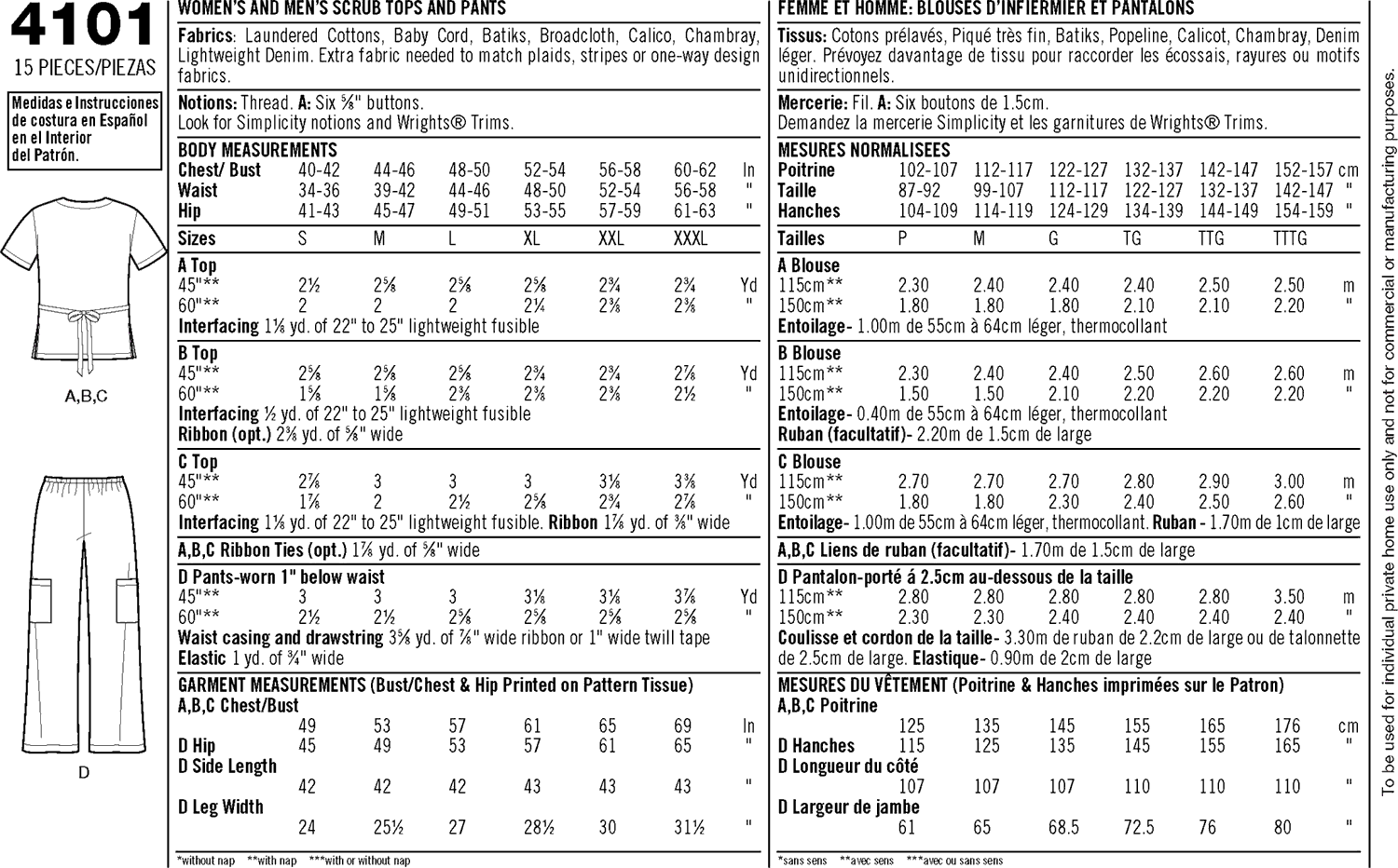 Simplicity Pattern 4101 Womens and Mens Plus Size Scrubs Fabric Quantity Requirements From Patternsandplains.com