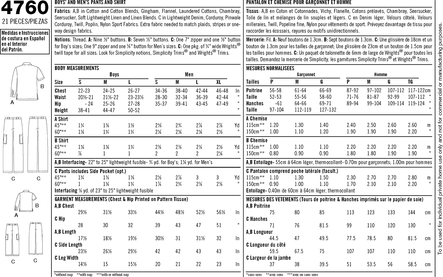 Simplicity Pattern 4760 Boys and Men Shirts and Trousers Fabric Quantity Requirements From Patternsandplains.com