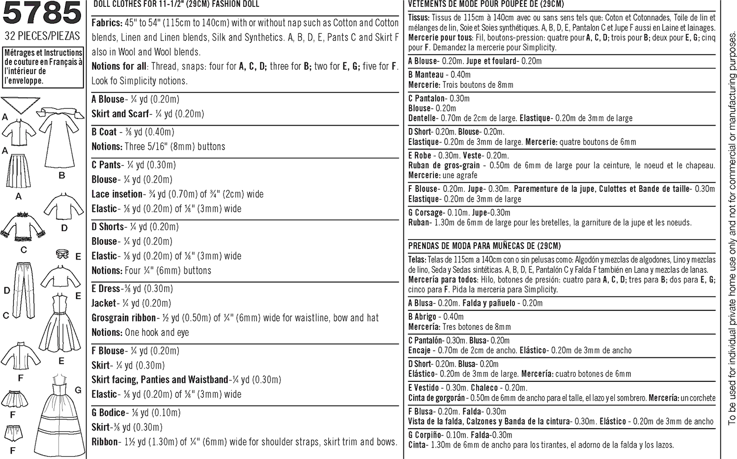 Simplicity Pattern 5785 Doll Clothes Fabric Quantity Requirements From Patternsandplains.com