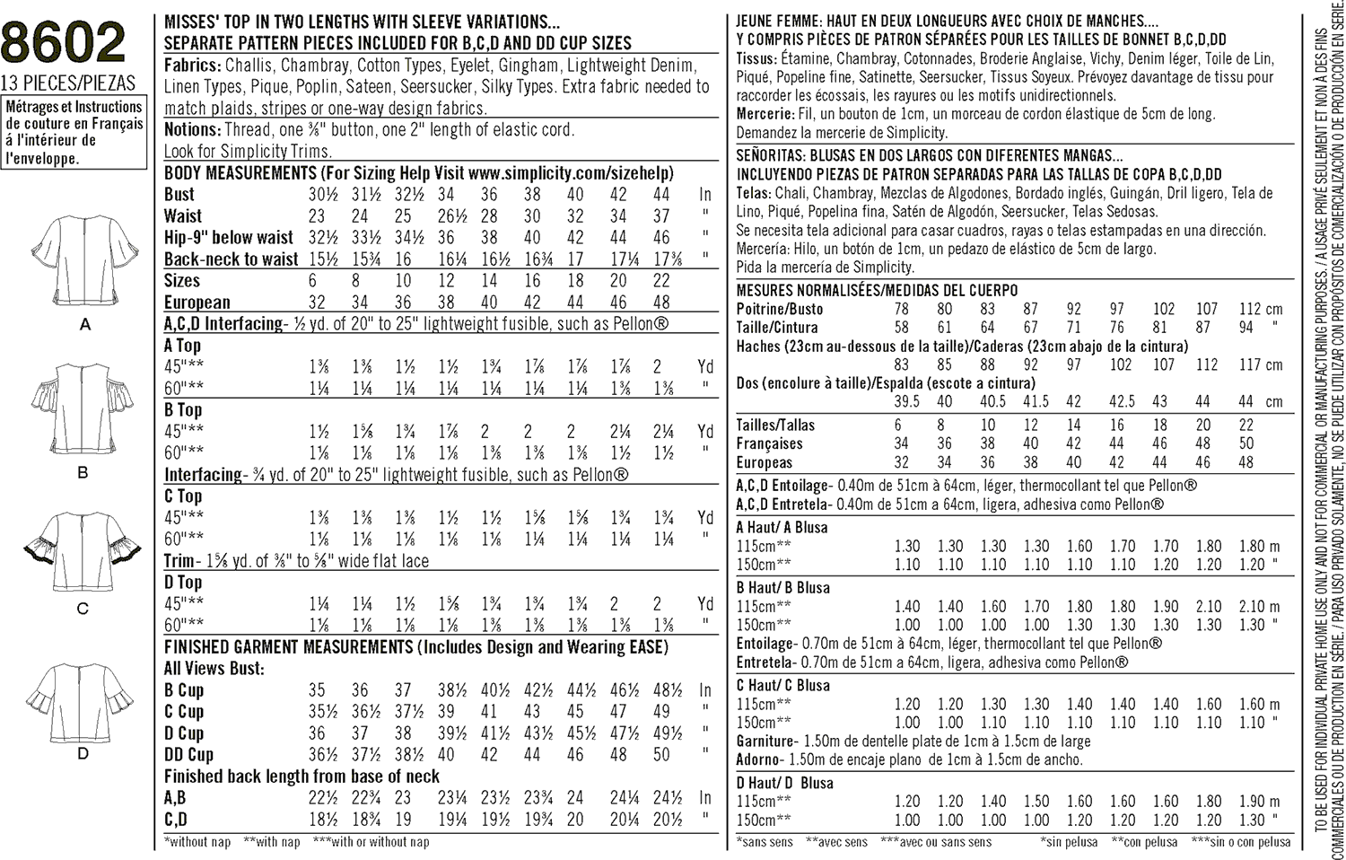 Simplicity Pattern 8602 Womens Tops in Two Lengths Fabric Quantity Requirements From Patternsandplains.com