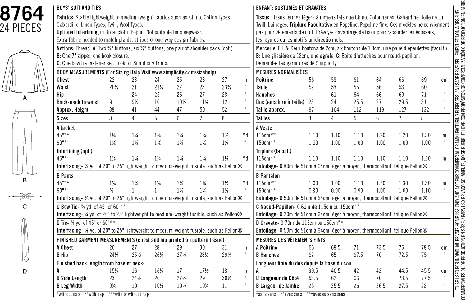 Simplicity Pattern 8764 Boys Suit and Ties Fabric Quantity Requirements From Patternsandplains.com
