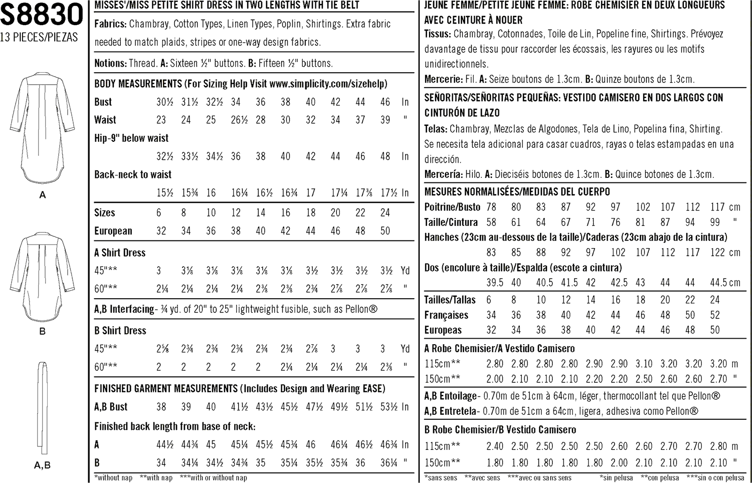 Simplicity Pattern S8830 Mimi G Misses Miss Petite Shirt Dress 8830 Fabric Quantity Requirements From Patternsandplains.com