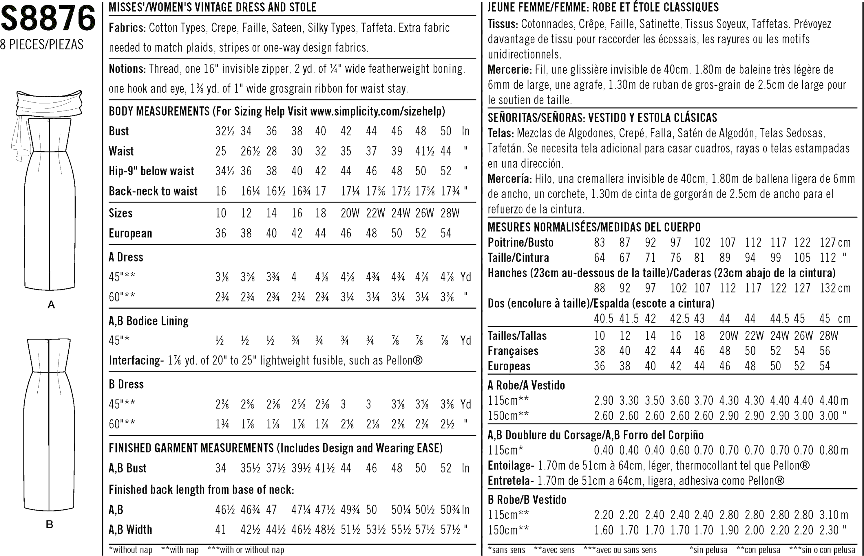 Simplicity Sewing Pattern S8876 Misses Womens Vintage Dress and Stole 8876 Fabric Quantity Requirements From Patternsandplains.com