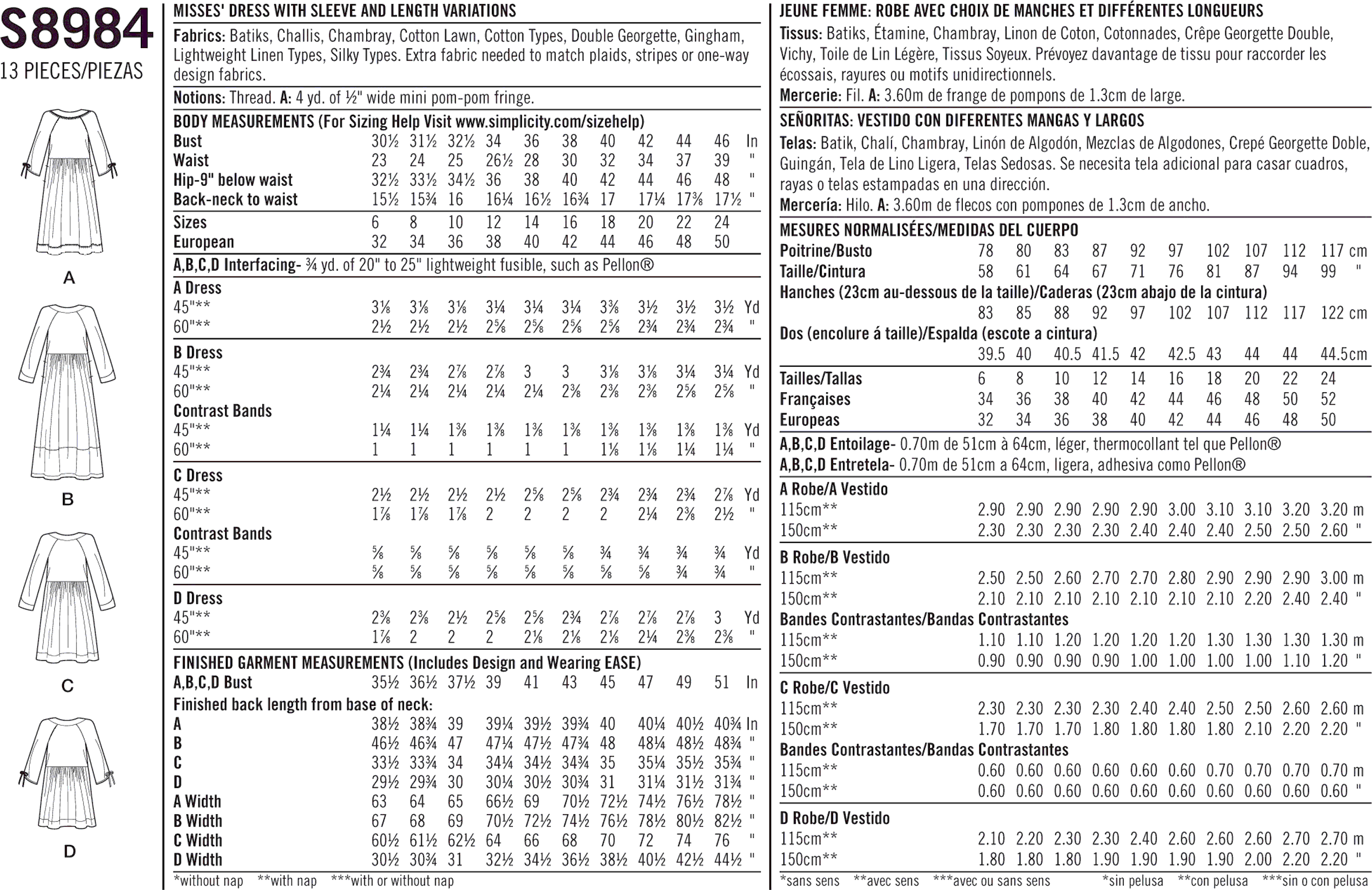 Simplicity Sewing Pattern S8984 Misses Pocket Dresses 8984 Fabric Quantity Requirements From Patternsandplains.com