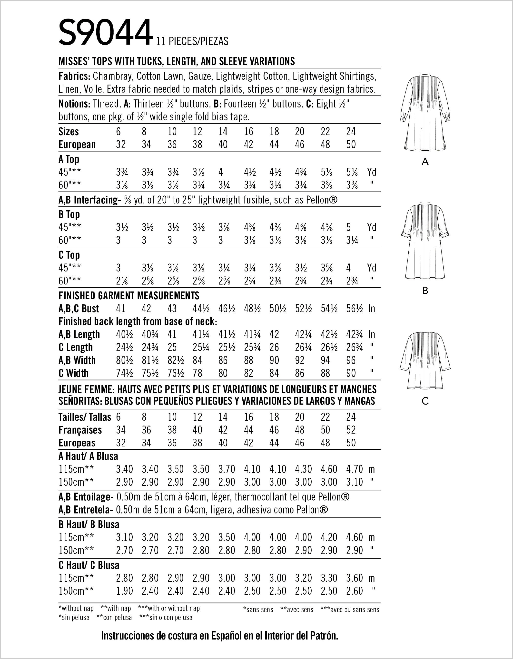 Simplicity Sewing Pattern S9044 Misses Tops With Tucks 9044 Fabric Quantity Requirements From Patternsandplains.com