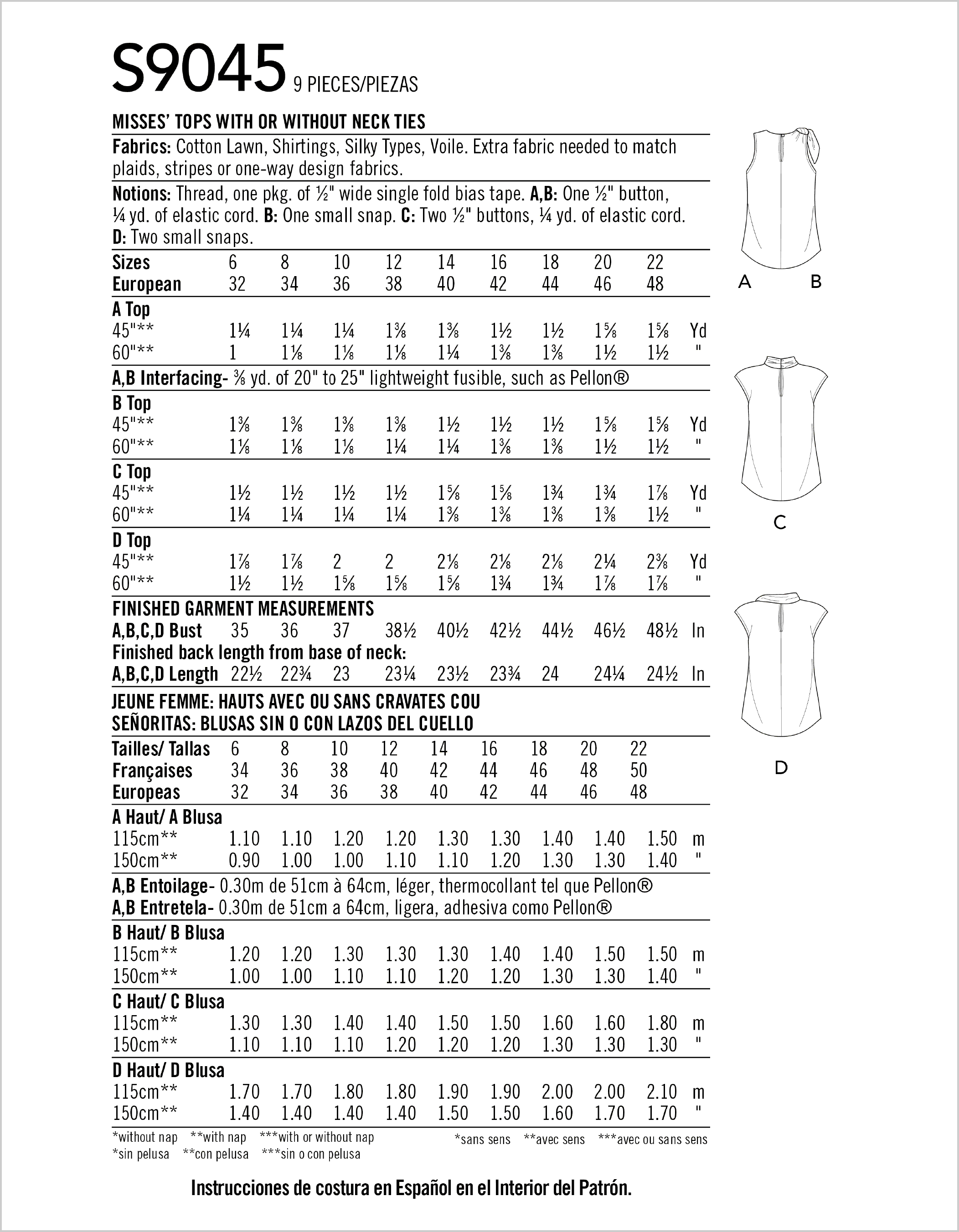 Simplicity Sewing Pattern S9045 Misses Tops With Optional Neck Ties 9045 Fabric Quantity Requirements From Patternsandplains.com