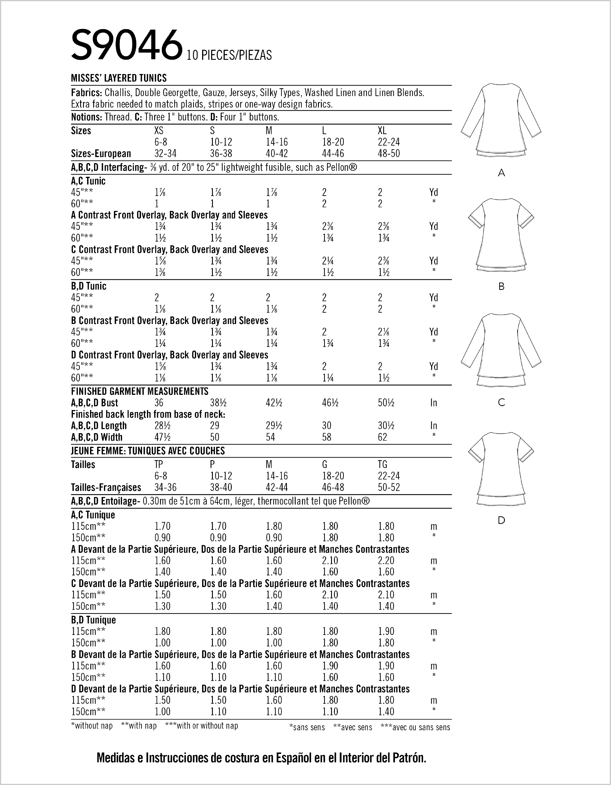 Simplicity Sewing Pattern S9046 Misses Layered Tunics 9046 Fabric Quantity Requirements From Patternsandplains.com