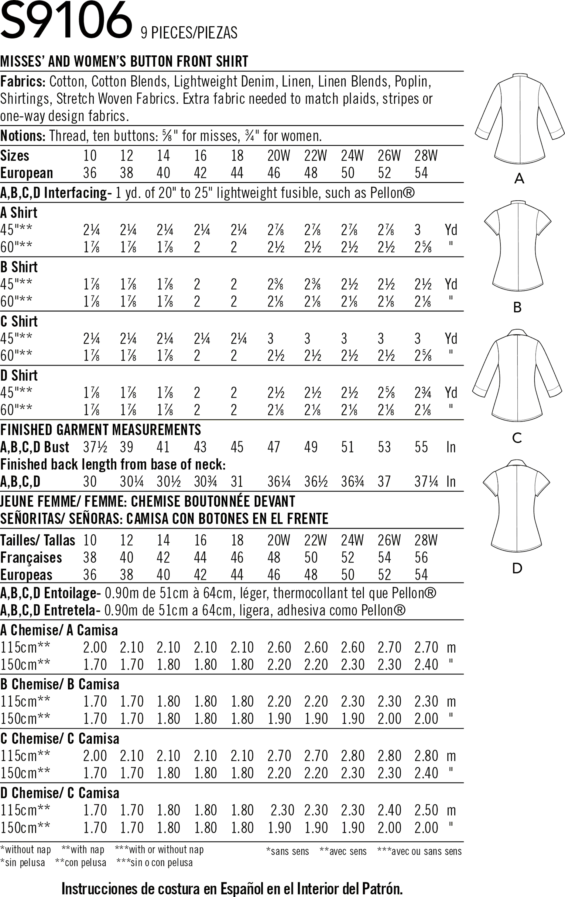 Simplicity Sewing Pattern S9106 Misses and Womens Button Front Shirt 9106 Fabric Quantity Requirements From Patternsandplains.com