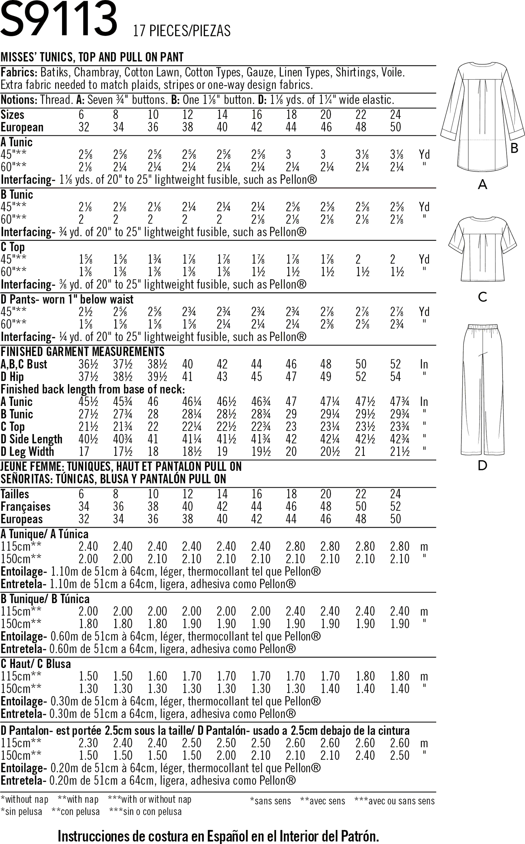 Simplicity Sewing Pattern S9113 Misses Tunic Top and Pull On Pants 9113 Fabric Quantity Requirements From Patternsandplains.com