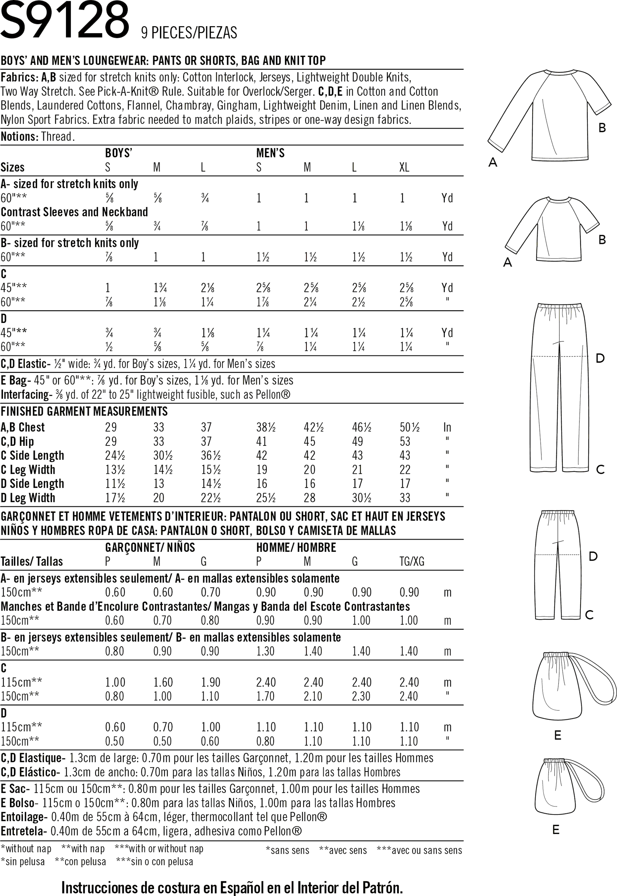 Simplicity Sewing Pattern S9128 Mens and Boys Sleepwear 9128 Fabric Quantity Requirements From Patternsandplains.com