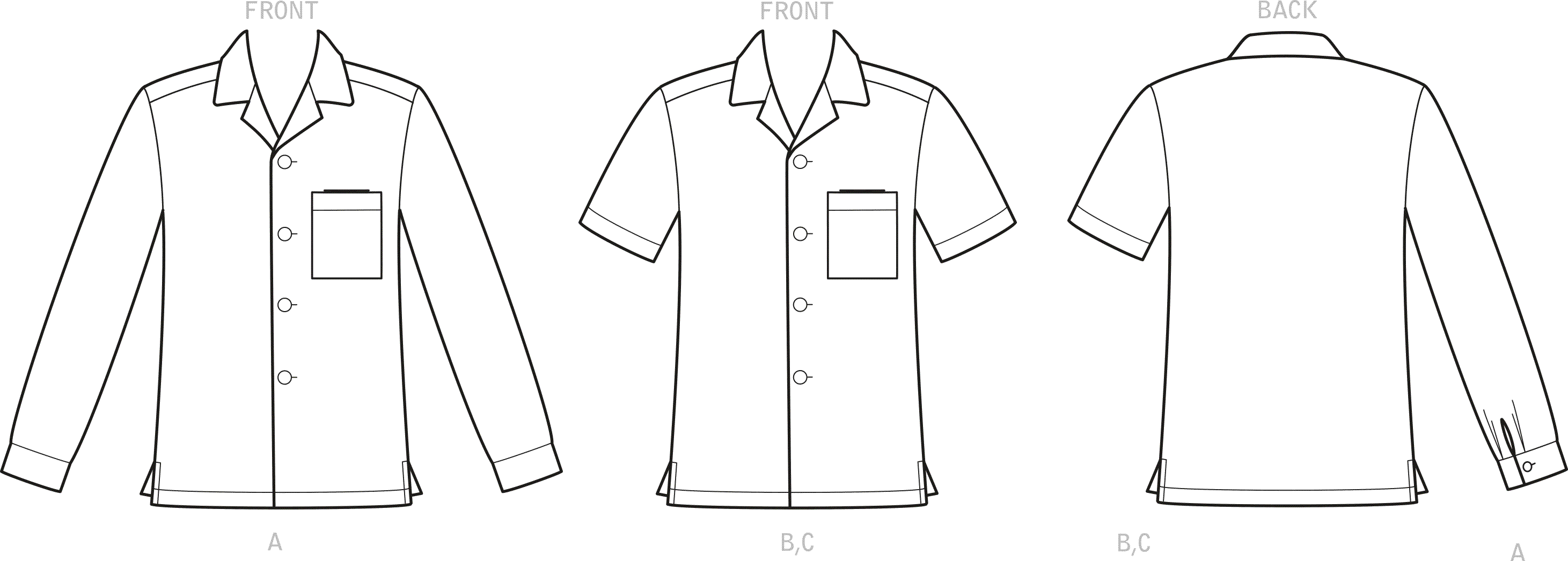 Simplicity Sewing Pattern S9157 Mens Open Pointed Collar Shirts 9157 Line Art From Patternsandplains.com