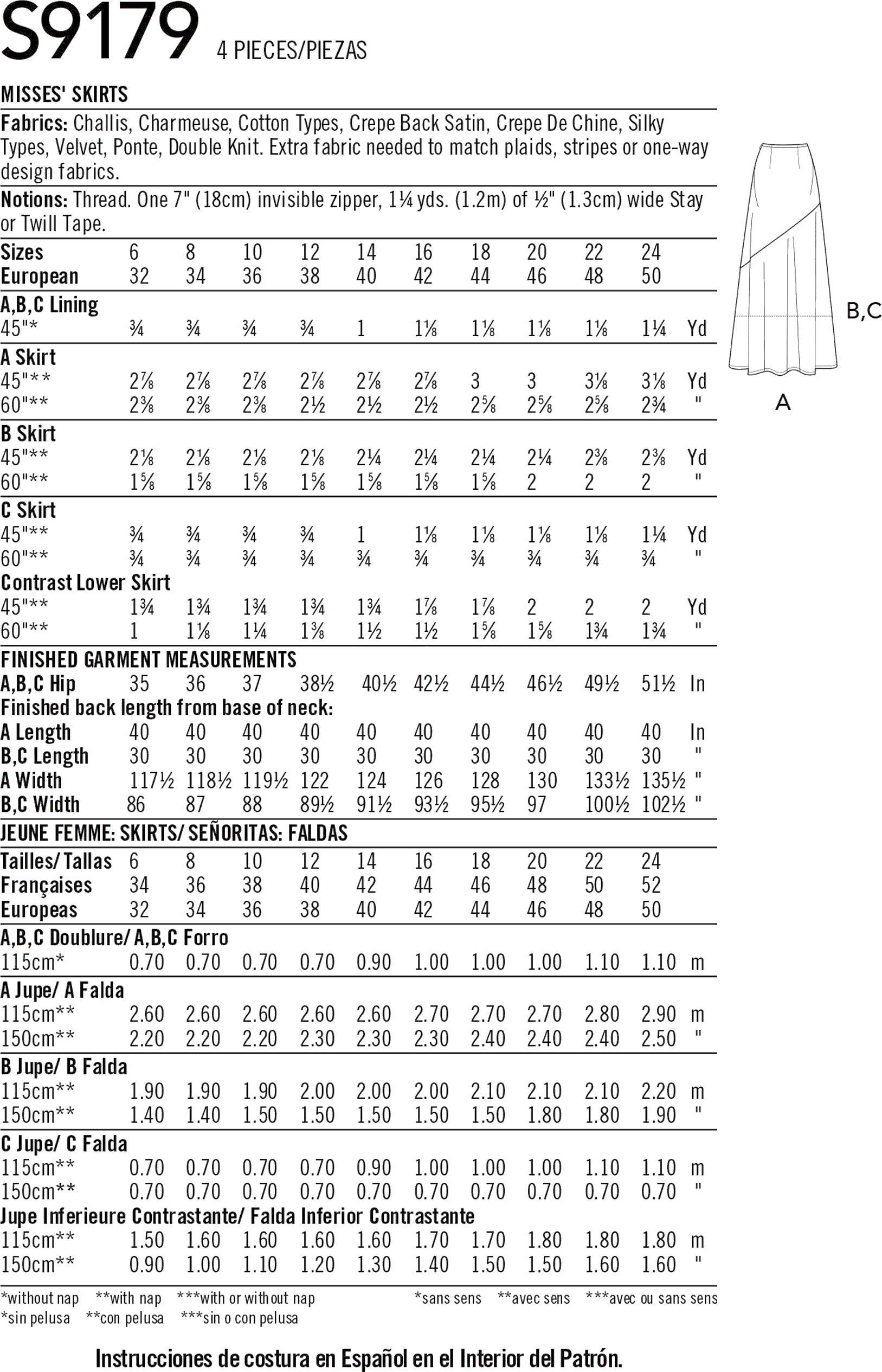 Simplicity Sewing Pattern S9179 Misses Skirts 9179 Fabric Quantity Requirements From Patternsandplains.com