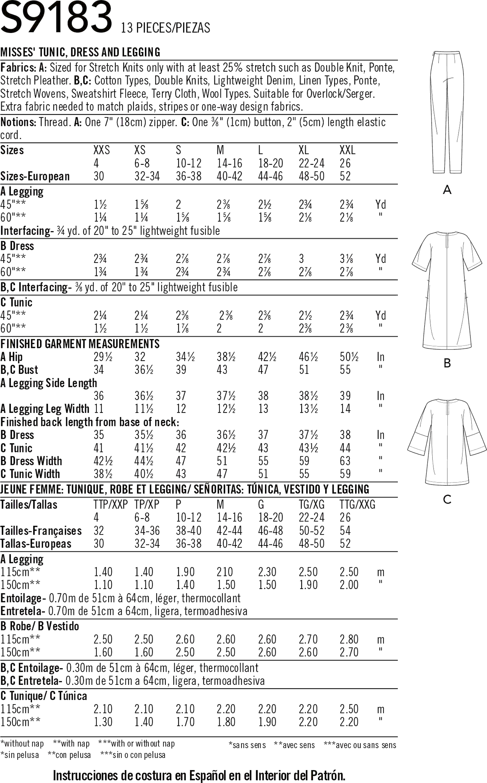 Simplicity Sewing Pattern S9183 Misses Tunic Top Dress and Legging 9183 Fabric Quantity Requirements From Patternsandplains.com