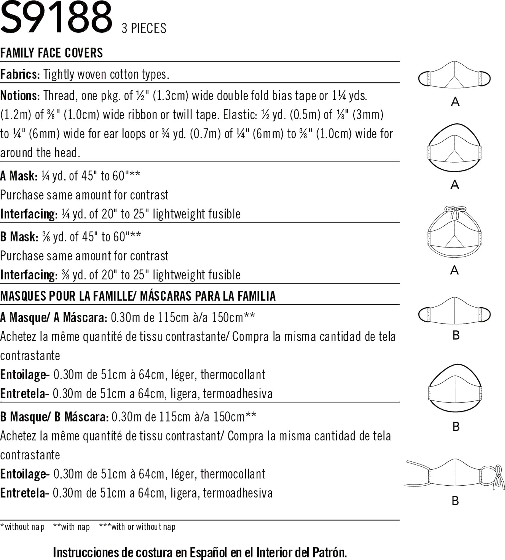 Simplicity Sewing Pattern S9188 Family Face Covers 9188 Fabric Quantity Requirements From Patternsandplains.com