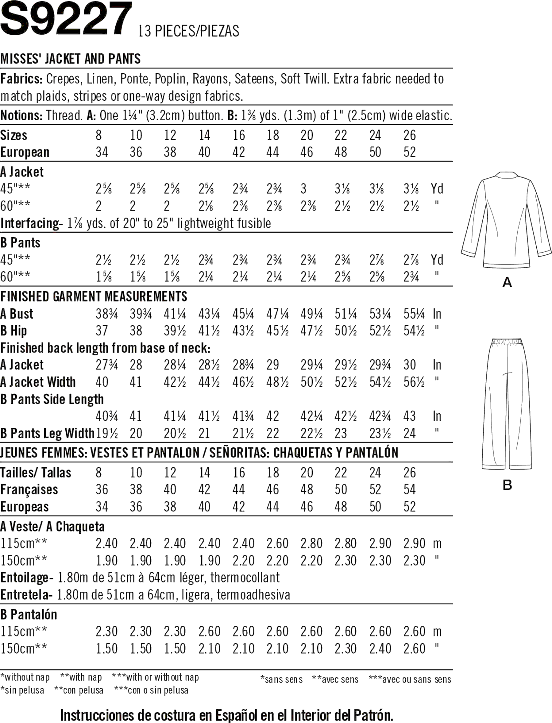 Simplicity Sewing Pattern S9227 Misses Jacket and Pants 9227 Fabric Quantity Requirements From Patternsandplains.com