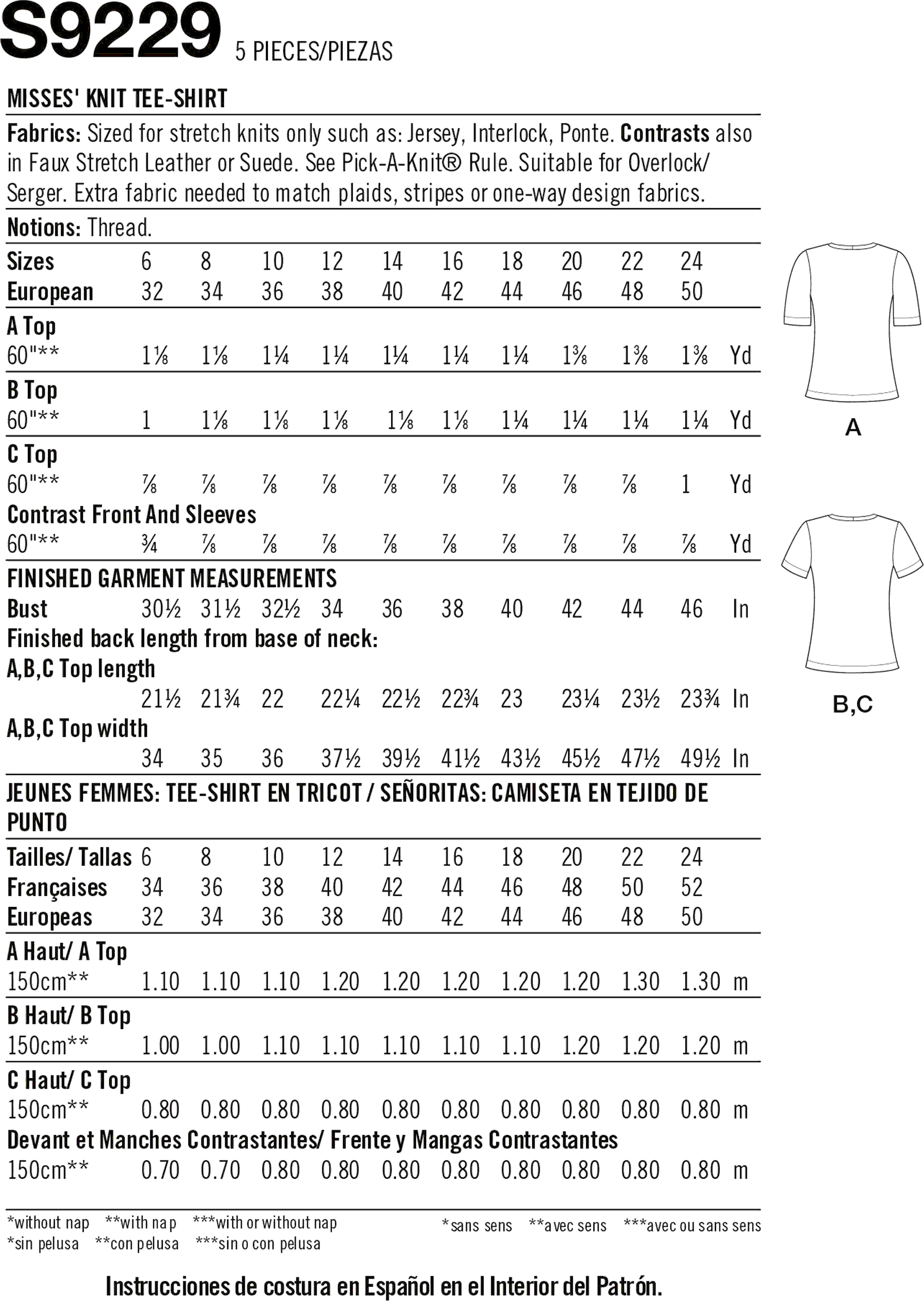 Simplicity Sewing Pattern S9229 Misses Knit Tee Shirt 9229 Fabric Quantity Requirements From Patternsandplains.com