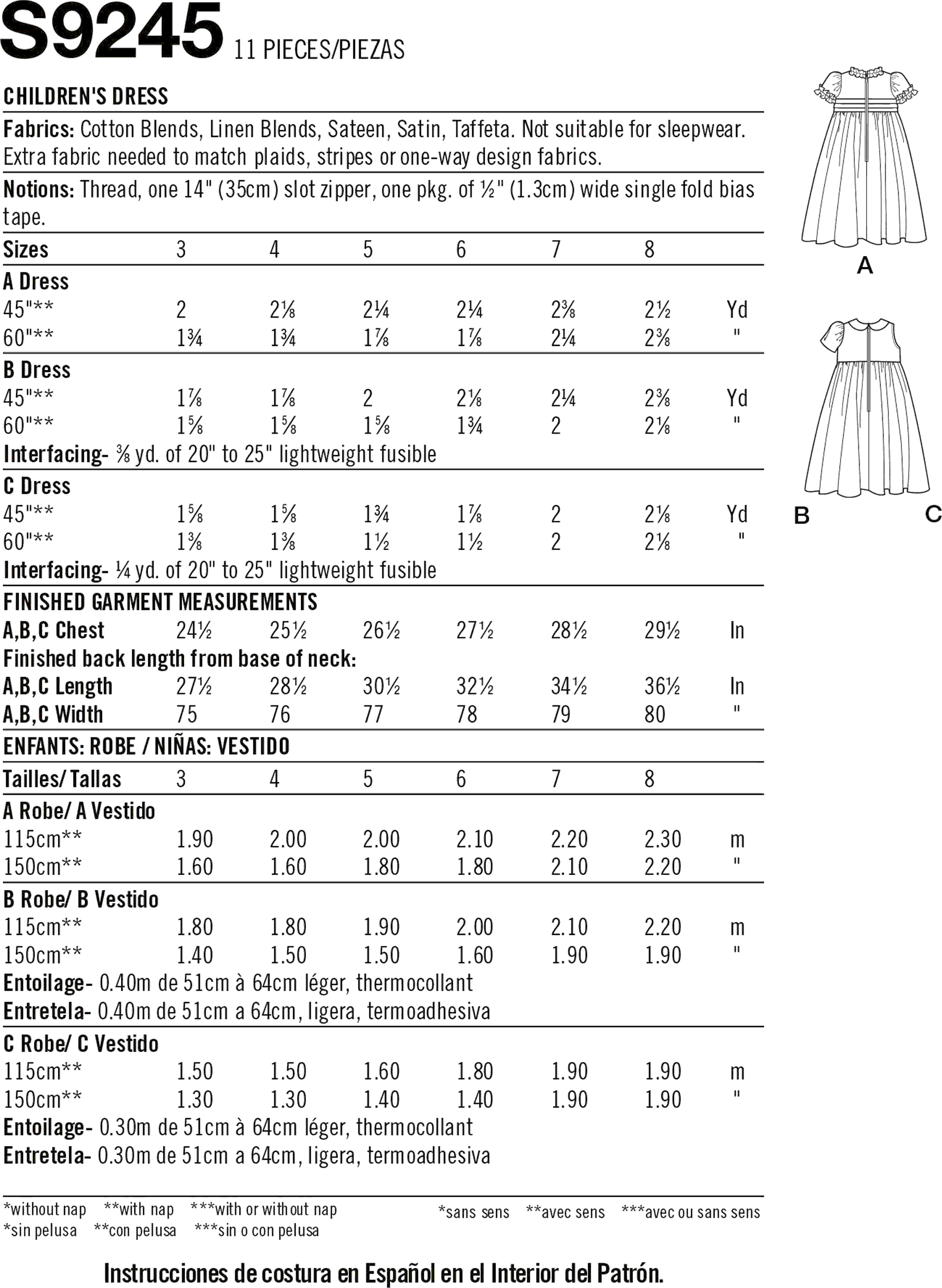 Simplicity Sewing Pattern S9245 Childrens Dress 9245 Fabric Quantity Requirements From Patternsandplains.com