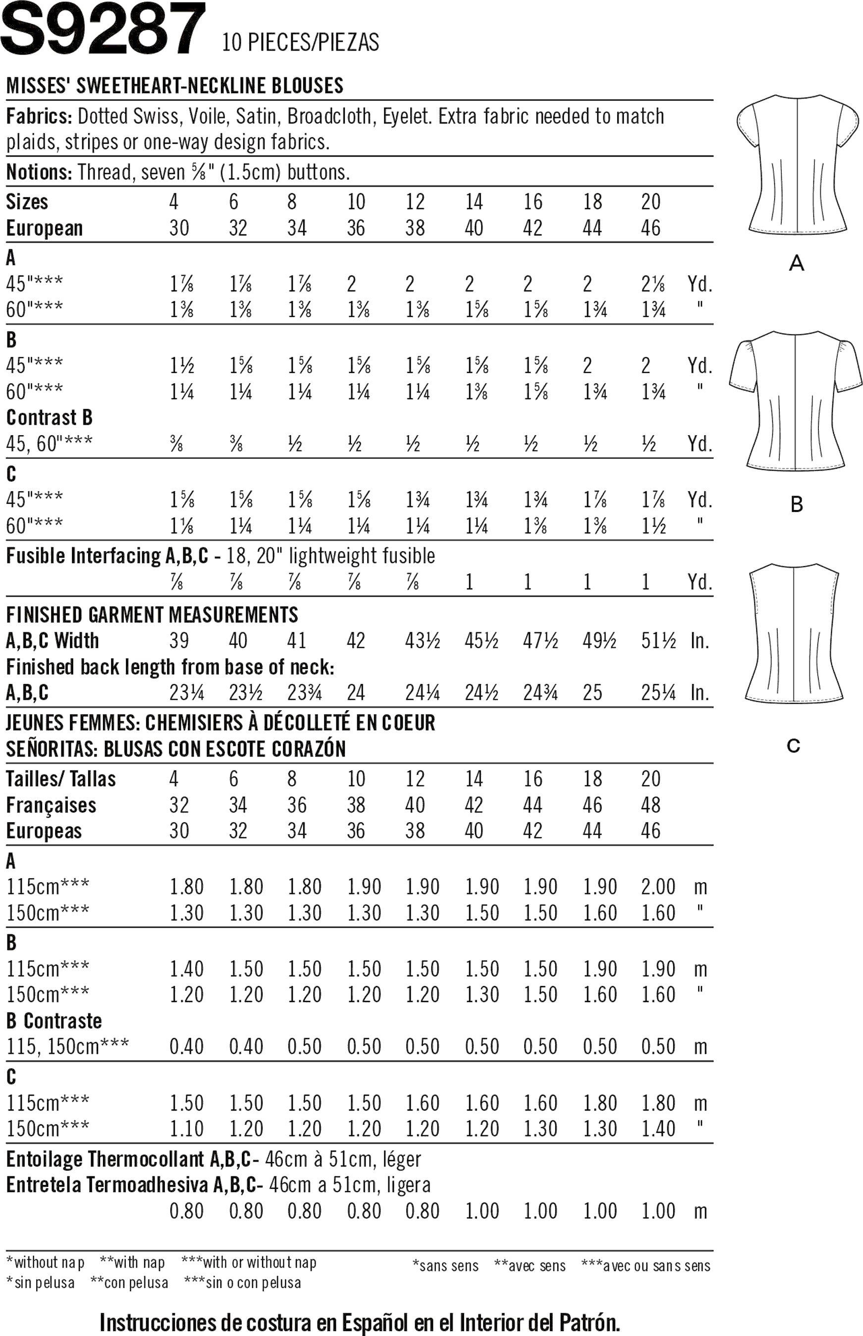 Simplicity Sewing Pattern S9287 Misses Sweetheart Neckline Blouses 9287 Fabric Quantity Requirements From Patternsandplains.com