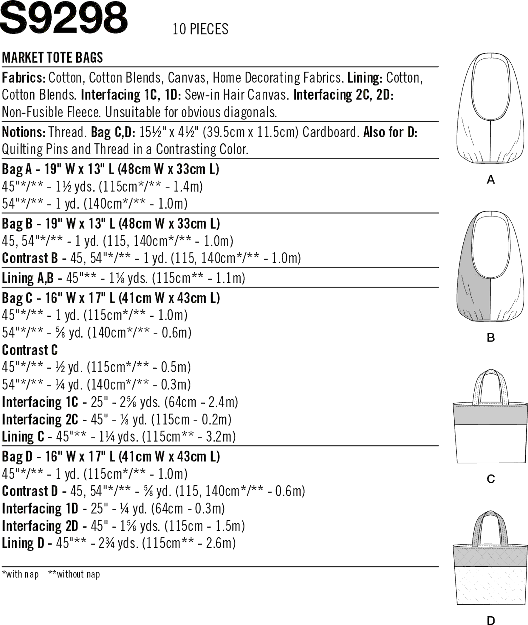 Simplicity Sewing Pattern S9298 Market Tote Bags 9298 Fabric Quantity Requirements From Patternsandplains.com