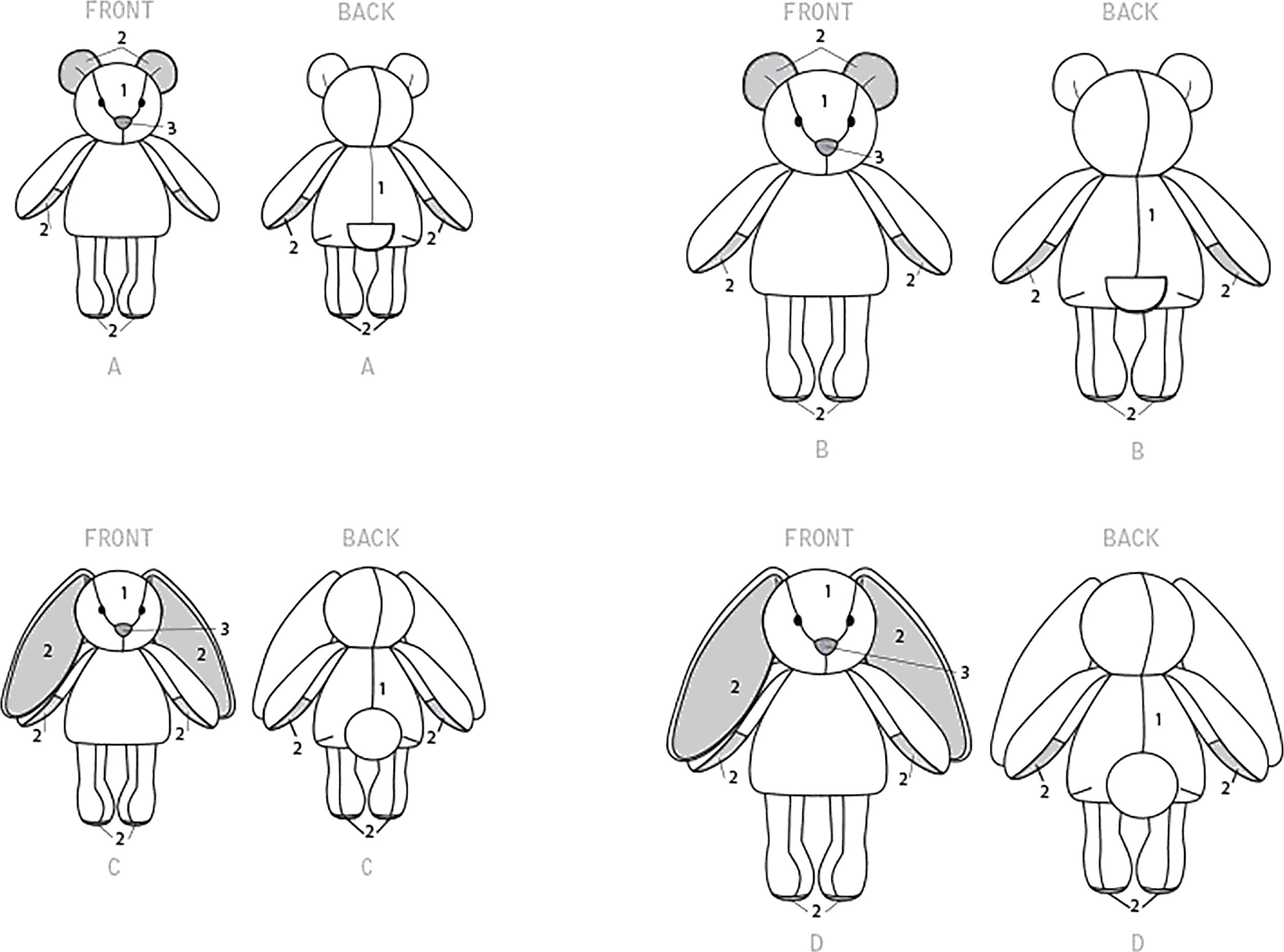Simplicity Sewing Pattern S9306 Plush Bears and Bunnies in Two Sizes 9306 Line Art From Patternsandplains.com